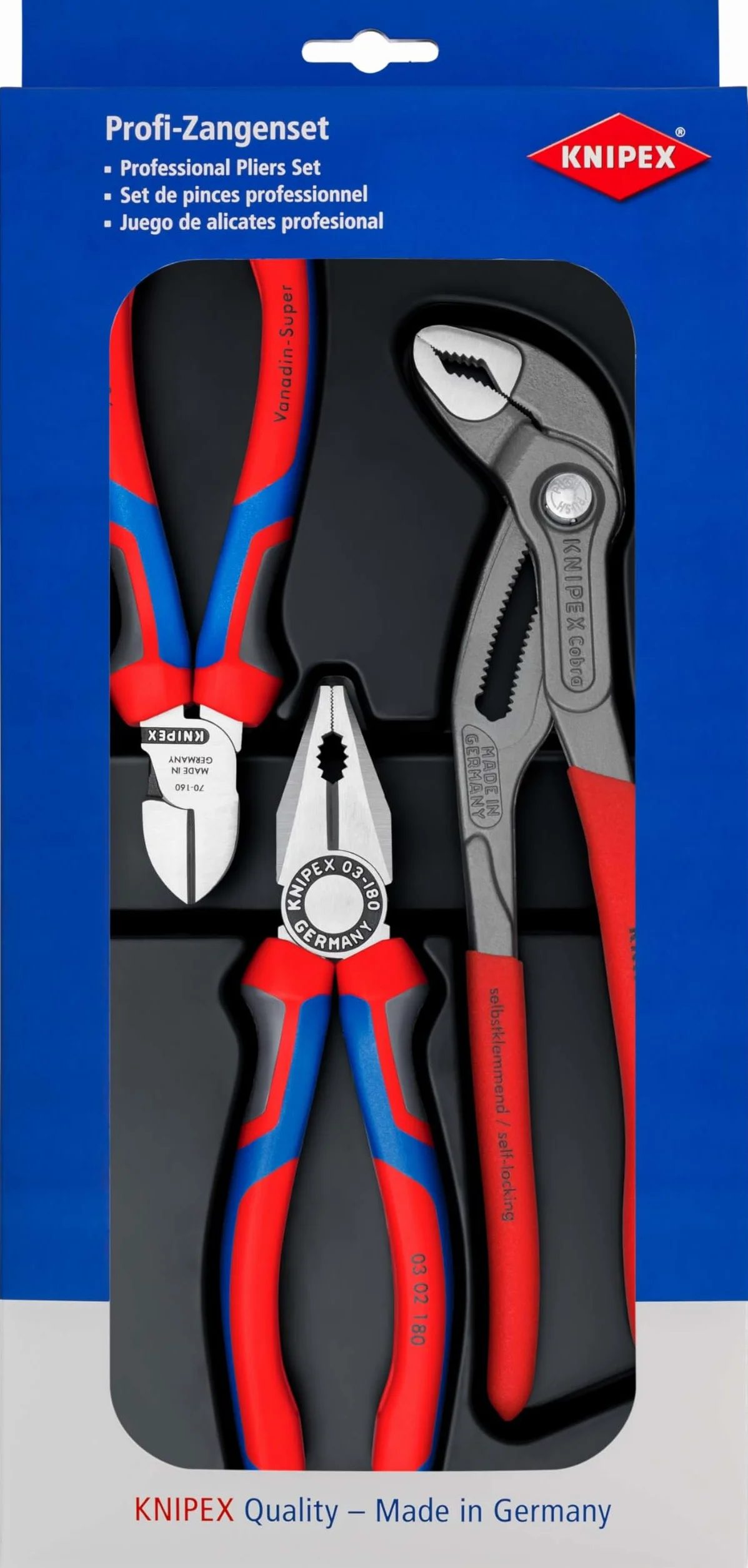 KNIPEX Zestaw szczypiec bestsellerów 1 x 03 02 180, 1 x 70 02 160, 1 x 87 01 250 w opakowaniu z zawieszką, 00 20 09 V01