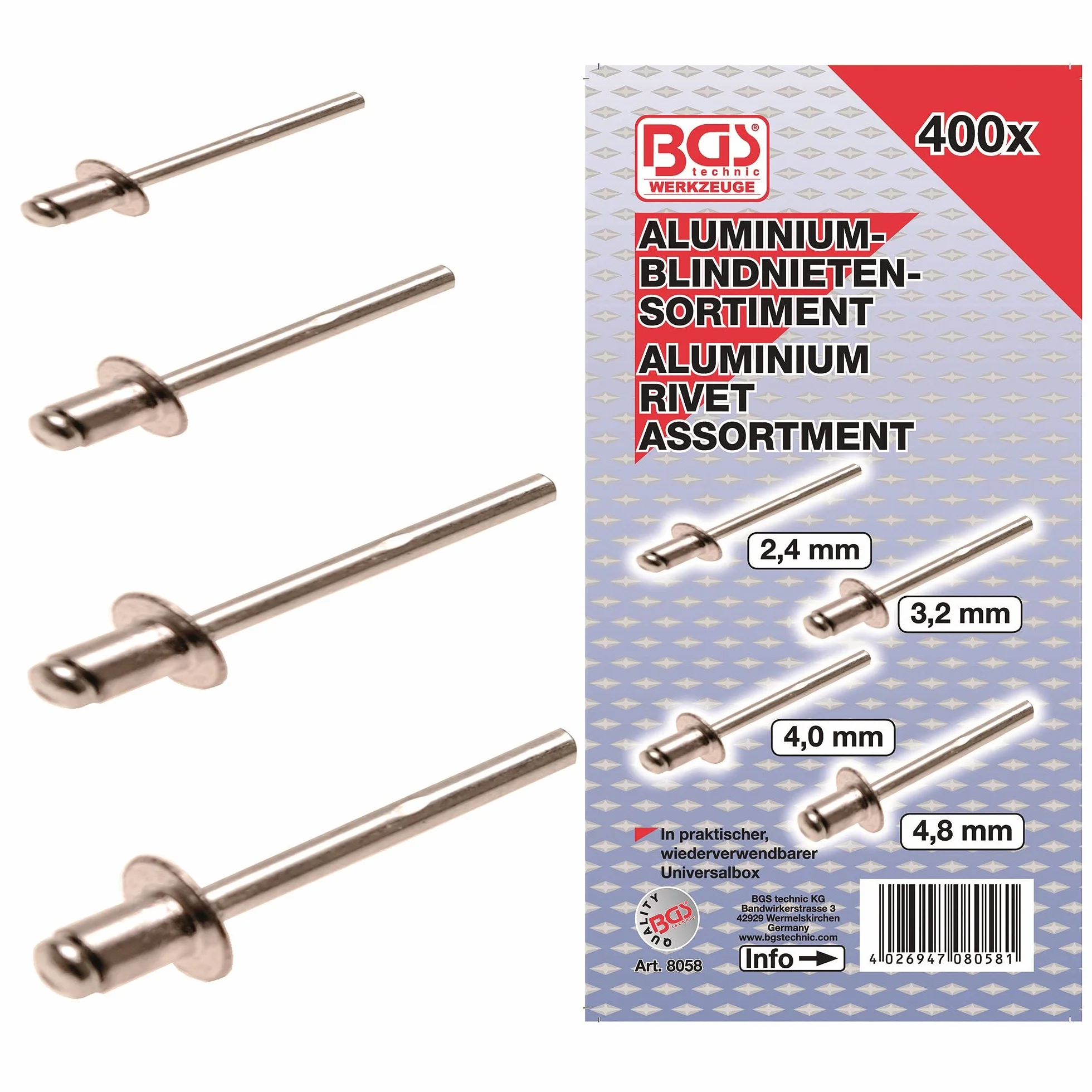 BGS 8058 | Zestaw nitów jednostronnie zamykanych | aluminium | 2,4 - 4,8 mm | 400 szt.