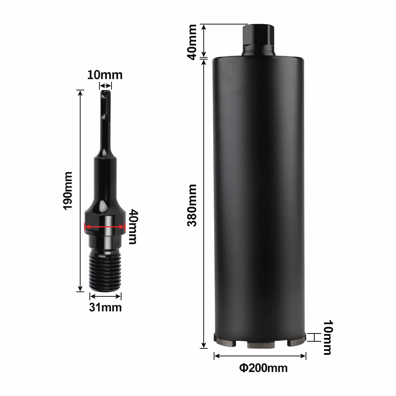 CPROSP 1¼" UNC diamentowa koronka wiertnicza z adapterem SDS Plus, koronka rdzeniowa DM 200 mm, L 420 mm, wiertło rdzeniowe do wiercenia w betonie, żelbetie, murze i kamieniu