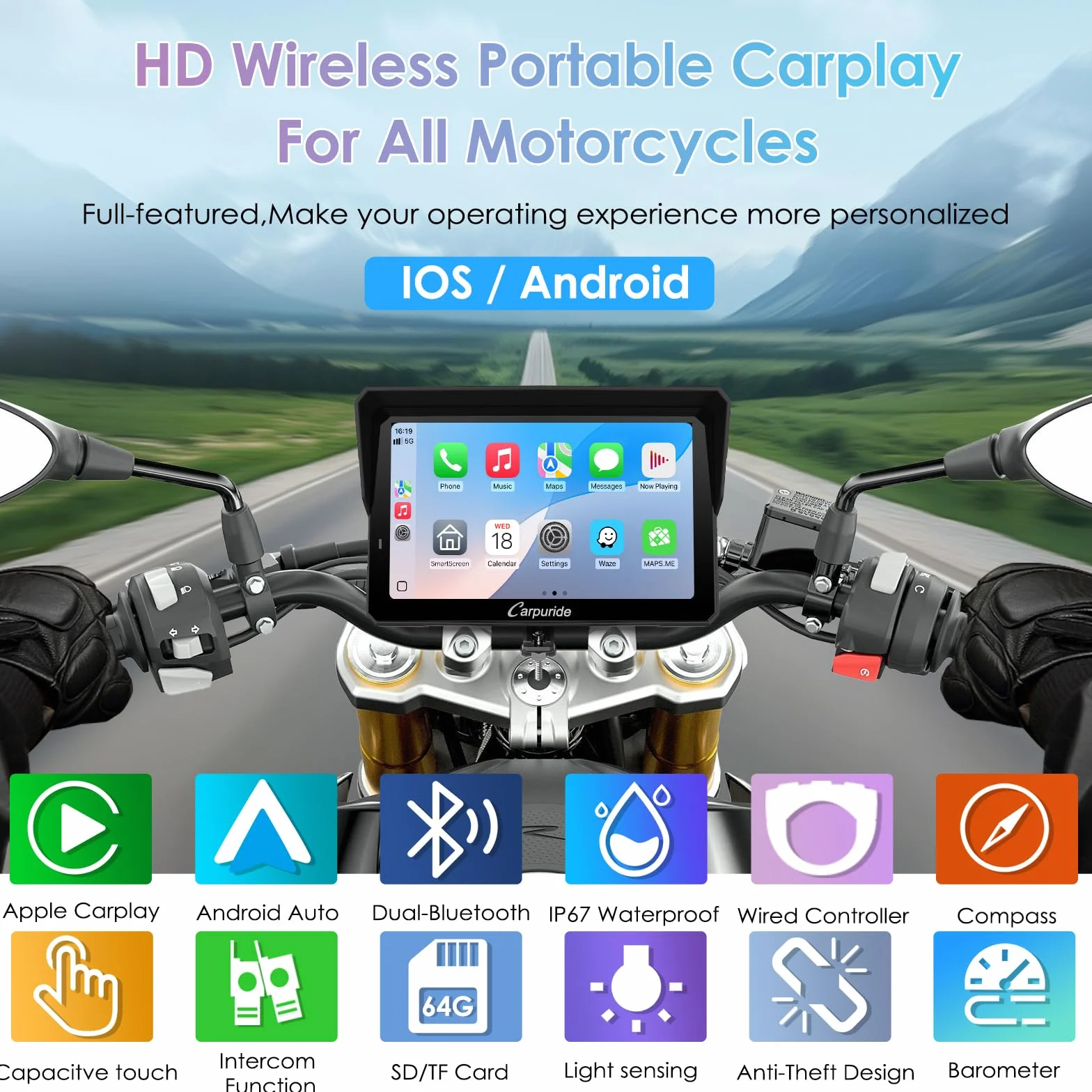 CARPURIDE W702S Pro Moto Carplay ekran 7" bezprzewodowy CarPlay Android Auto wodoodporny dotykowy podwójny Bluetooth