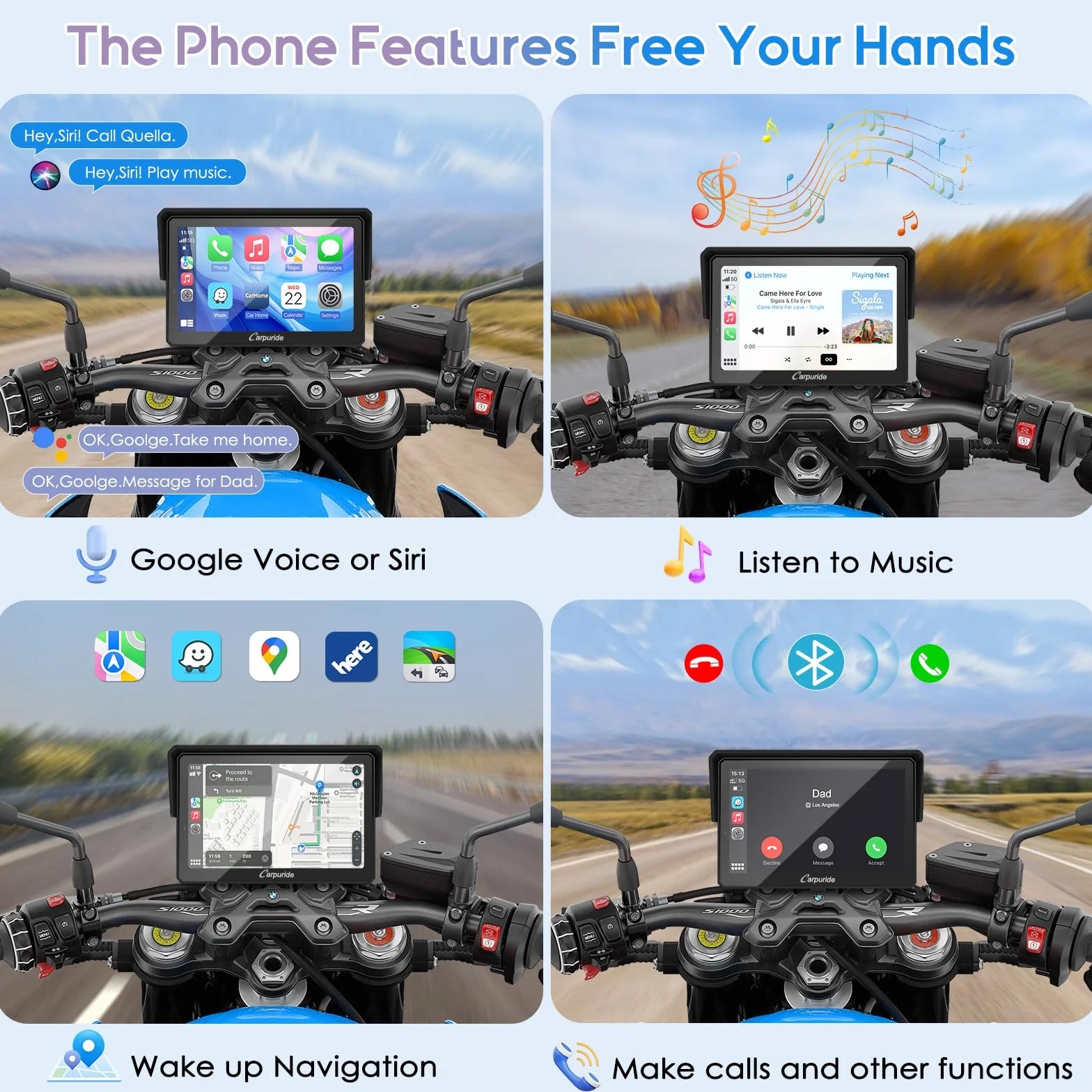 Carpuride W502PRO B do motocykli B.-M-.W CarPlay i Android Auto i podwójny Bluetooth, nawigacja étanche 5 pouces pour Moto, część muzyczna, interkom, korektor, uchwyt światła, kurtyna, barometr