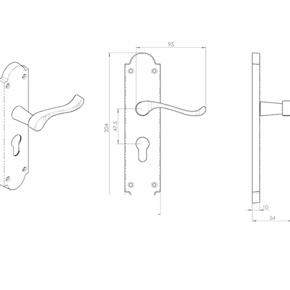 Para wiktoriańskich dźwigni przewijania na tylnej płycie Euro Lock - 205 x 49 mm - polerowany mosiądz, tradycyjna dźwignia na klamce drzwi tylnych, okucia do drzwi wewnętrznych - dostępne opcje zamka,
