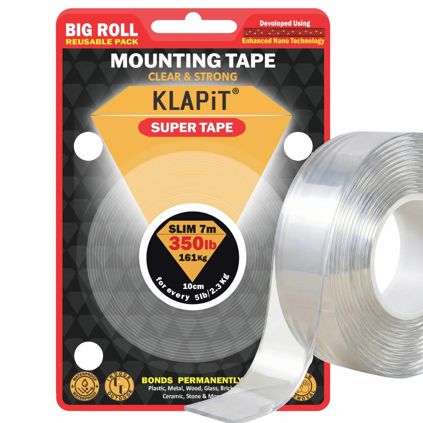 KLAPiT SUPER TAPE Dwustronna wytrzymała taśma montażowa wytrzymuje ciężar 158 kg lub 161 kg przy użyciu ulepszonej technologii nano. Przezroczysta taśma do ścian, drewna, płytek, kamienia, szkła