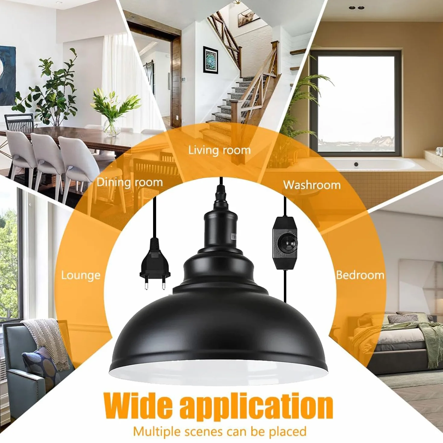 Lampa wisząca z wtyczką, lampa wisząca w stylu vintage, ściemniana, czarna, metalowa, gwint E27, z kablem 4,5 m i przełącznikiem ściemniacza, do użytku na zewnątrz i wewnątrz, do ogrodu, na balkon