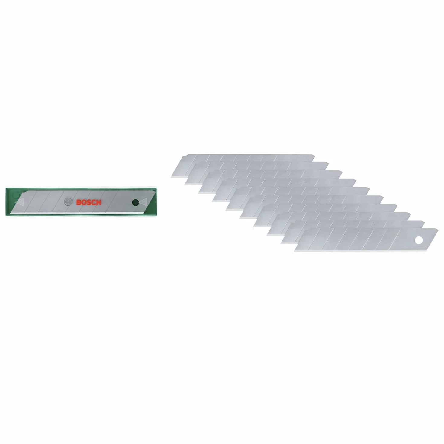 Bosch Ostrza odłamywane 18 mm, 10 szt. (osprzęt do noża odłamyw./introligatorsk., wysokiej jak. stal SK5, rozm. ostrza 18 mm, 7 segmentów odłamyw., kaseta)