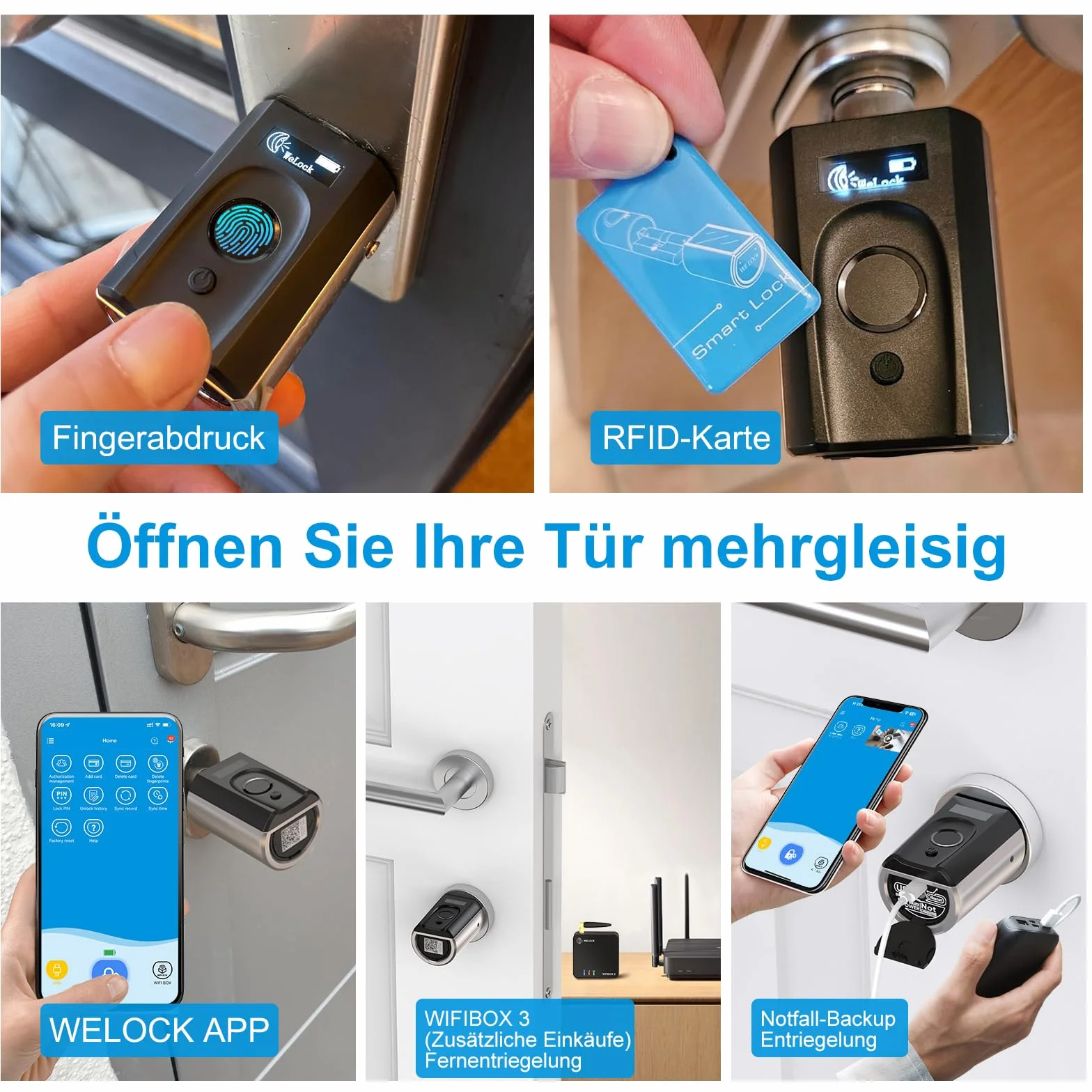 Welock Touch41 zamek do drzwi, odcisk palca z wifibox 3, elektroniczny zamek do drzwi z kartą RFID, zdalne odblokowanie Bluetooth, Wi-Fi, IP65, współpracuje z Alexa, regulacja do drzwi 50-100 mm