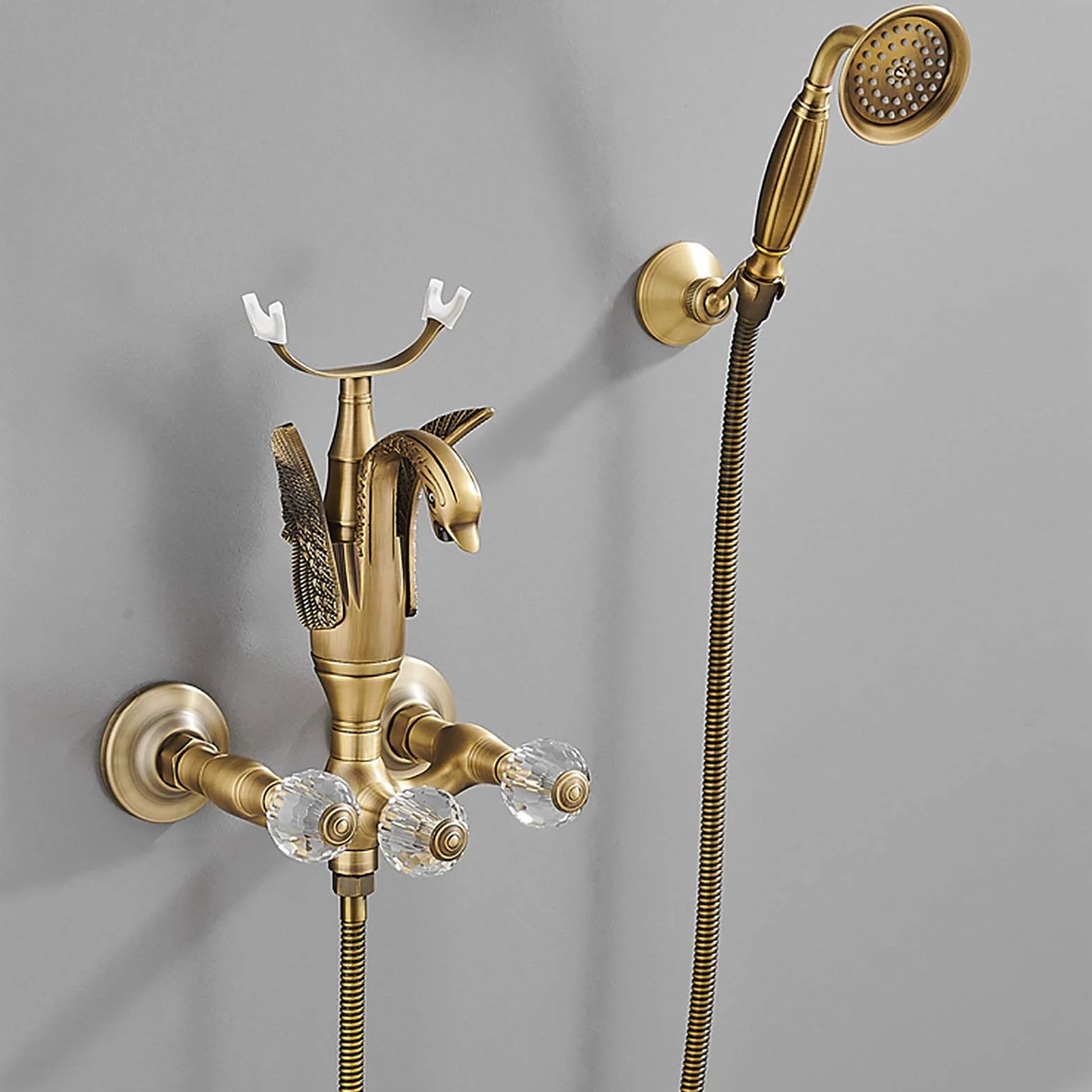 Bateria wannowa, bateria wannowa Swan z prysznicem ręcznym, mosiężna bateria wannowa, bateria ścienna, dwuuchwytowa, 2-otworowa, mieszaczowa do łazienki, antyczna (antyczna)