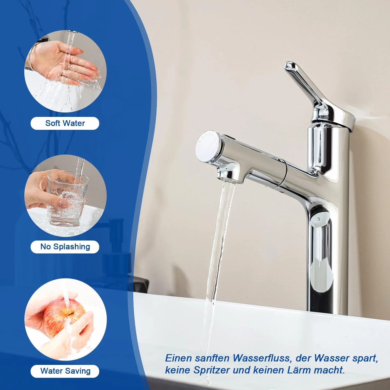 Bateria umywalkowa, wysoka z wyciąganą wylewką prysznicową, bateria łazienkowa, jednouchwytowa, armatura umywalkowa do umywalki nasadowej z 3 rodzajami strumienia wody, wyciągana, chrom