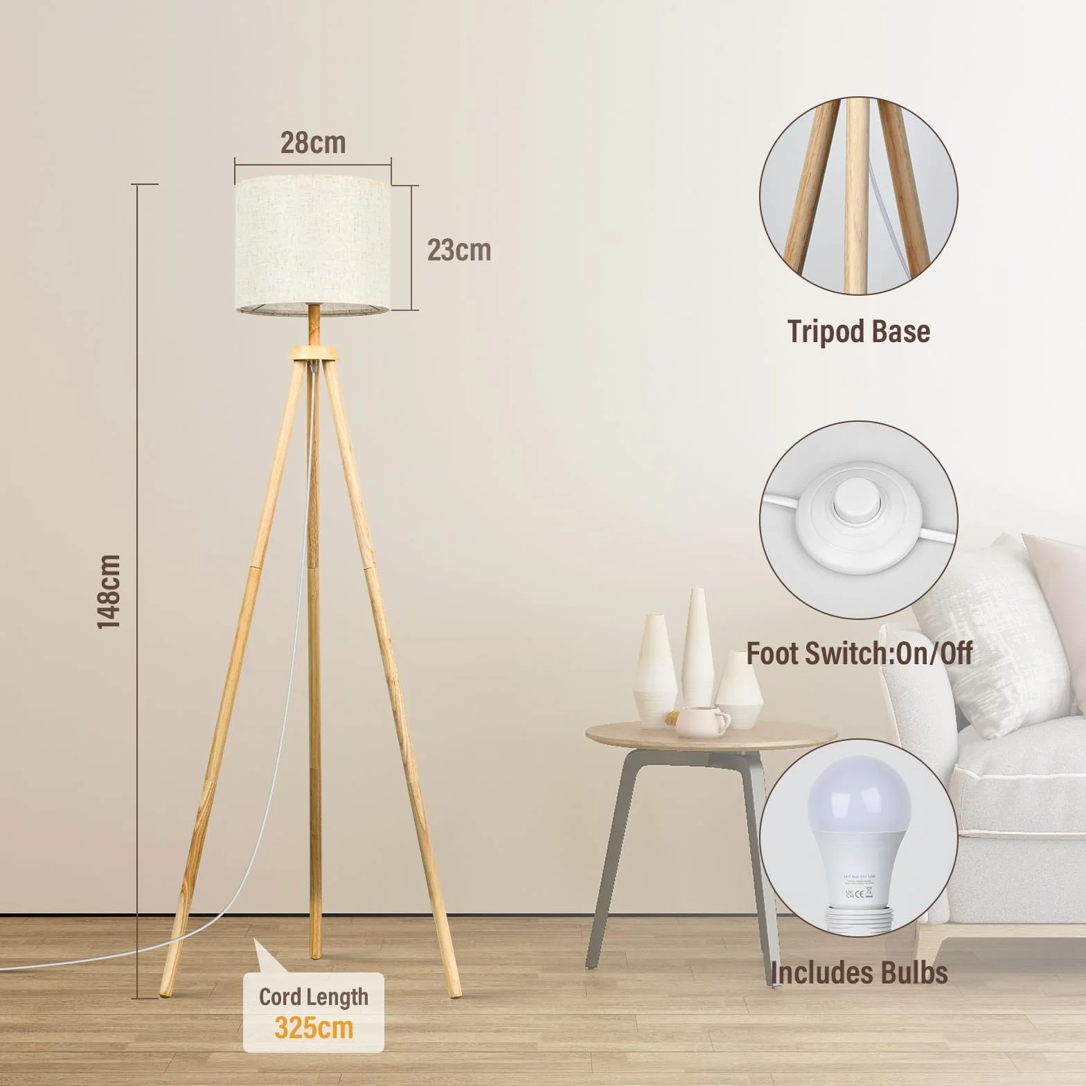 NIKYJM Lampa podłogowa Drewniany statyw Lampy podłogowe Ściemnialne z E27 12W Żarówka 3 Kolory Możliwość ściemniania 3000 K-6000K Lampa podłogowa z pilotem do salonu do salonu biura