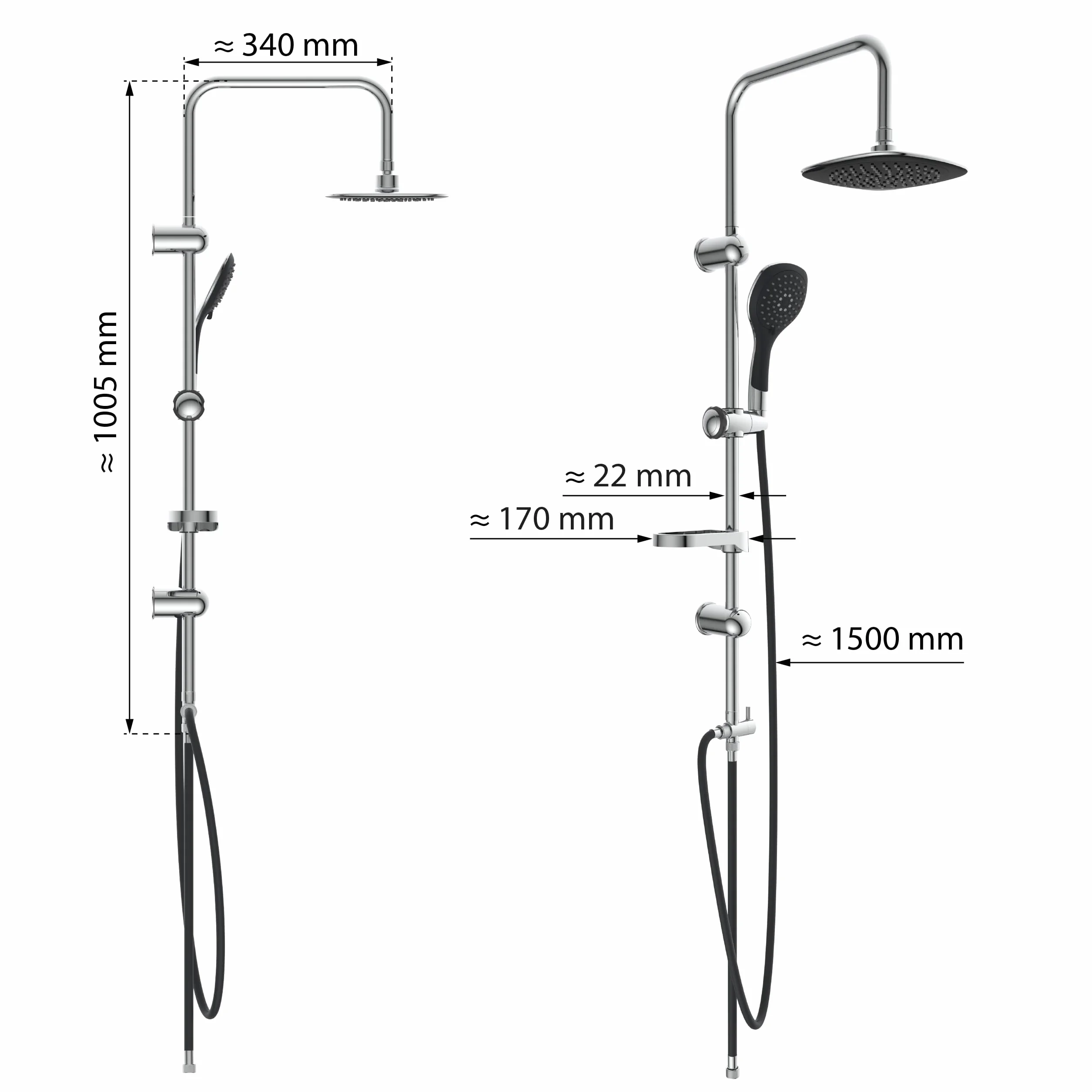 EISL Zestaw prysznicowy kolumna prysznicowa z deszczownicą 200 x 200 mm i słuchawką prysznicową, deszczownicą z uchwytem ściennym, DXLD60088CS, chrom/czarny