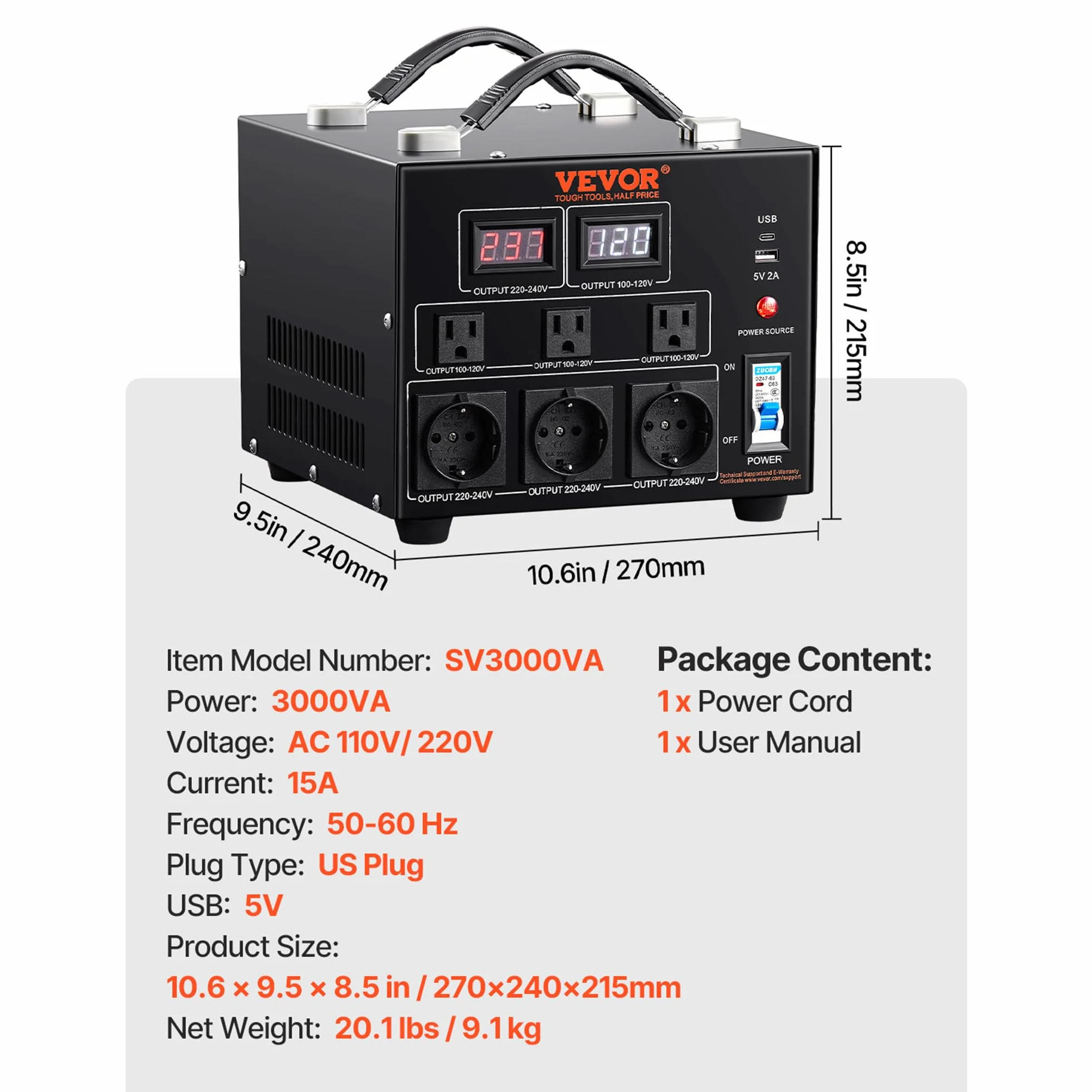VEVOR Przetwornica napięcia 3000 W, AC 110 V/220 V, 3 gniazda NEMA 5-15R, 3 gniazda Schuko, USB i Type-C