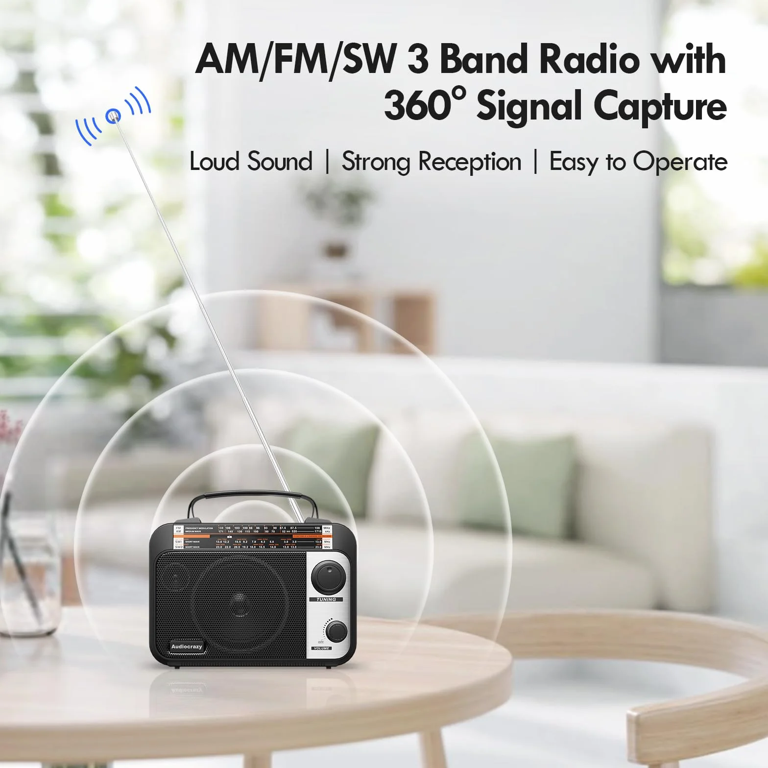 Radio tranzystorowe AM/FM/SW1-2 AC/bateria duży głośnik AUX 3,5 mm