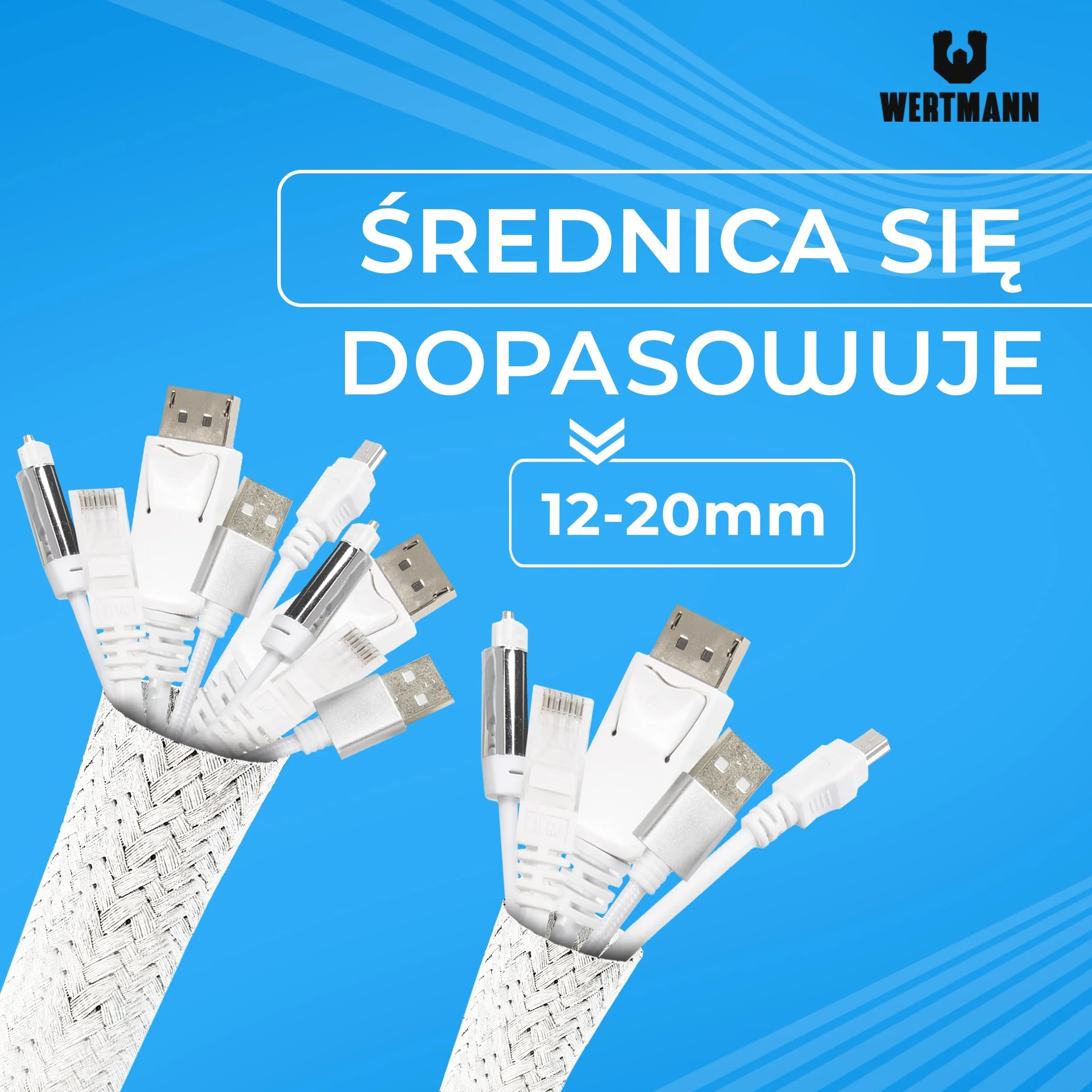 pleciony wąż kablowy biały [3m] jako kanał do kabli tv biały lub organizer kabli na biurku - Średnica się dopasowuje [12-20mm] - Zarządzanie kablami przy biurku, ochrona kabli przed kotem