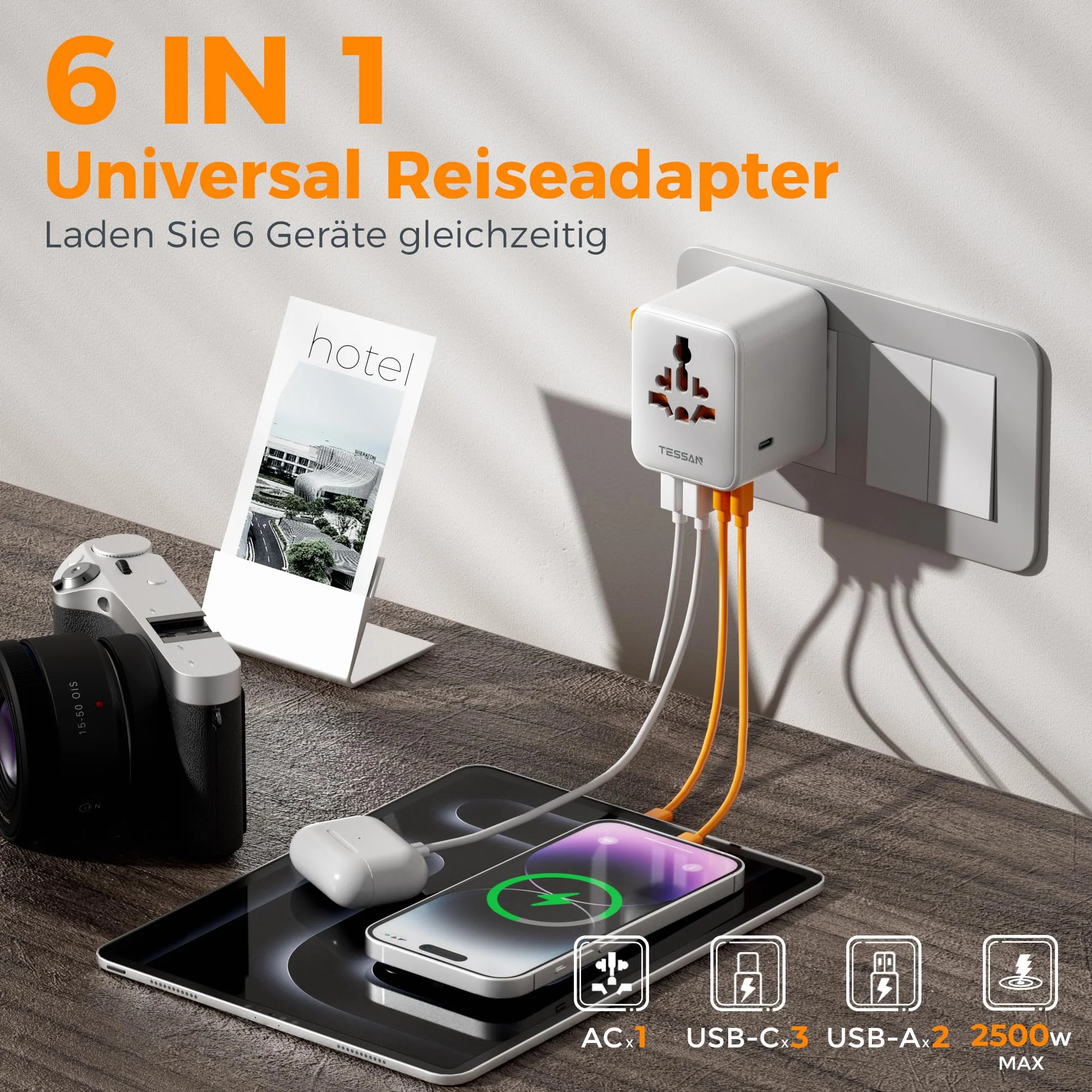 TESSAN Uniwersalny Adapter Wtyczki z 3 USB C i 2 USB A, 2500 W, Podróżny dla USA Tajlandia Japonia Wielka Brytania Brazylia Australia Hiszpania Malezja Indie