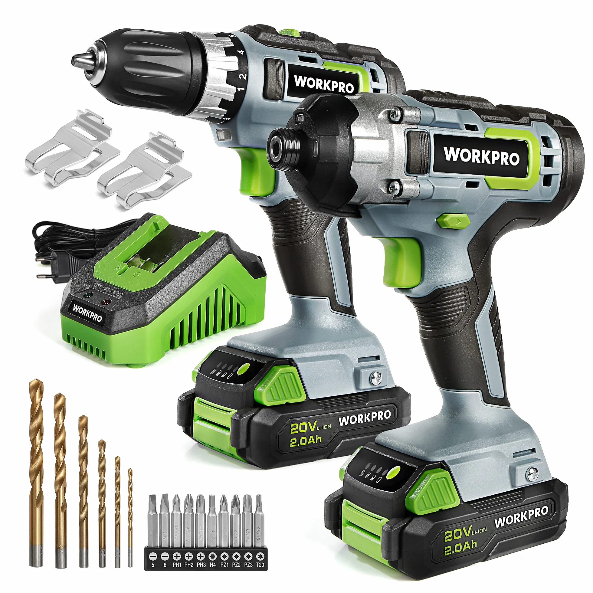 WORKPRO 2-częściowy zestaw wkrętarek akumulatorowych 20 V 2,0 Ah, 2 akumulatory i ładowarka w zestawie z 6-częściowym wiertłem i 10-częściowym bitem
