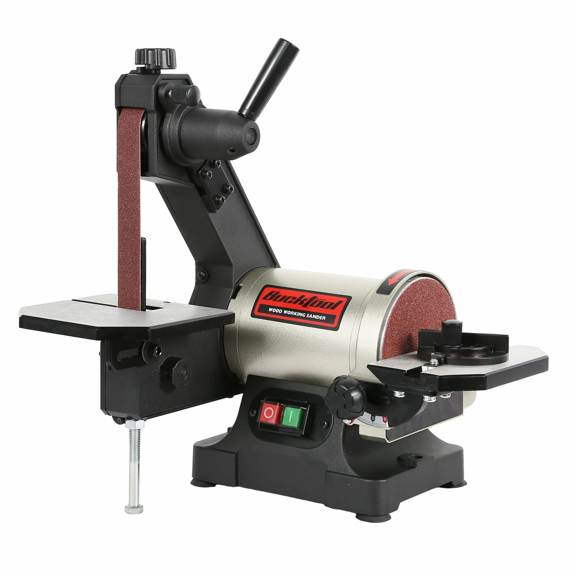 BUCKTOOL Szlifierka taśmowa 250 W, 25,4 x 762 mm, taśma 125 mm, klucz płaski, przechowywanie i łatwe zdejmowanie pokrywy paska, napęd bezpośredni, talerz szlifierski, prędkość obrotowa 2980 min-1