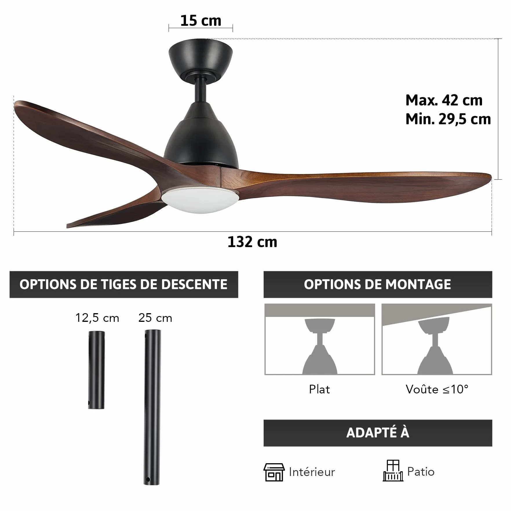 VONLUCE Wentylator sufitowy ze światłem Ø132 cm, 52 cm, 5 łopatek z pilotem zdalnego sterowania, cichy, odwracalny silnik DC 6 prędkości, do sypialni, patio, salonu, rolnika, czarny orzech