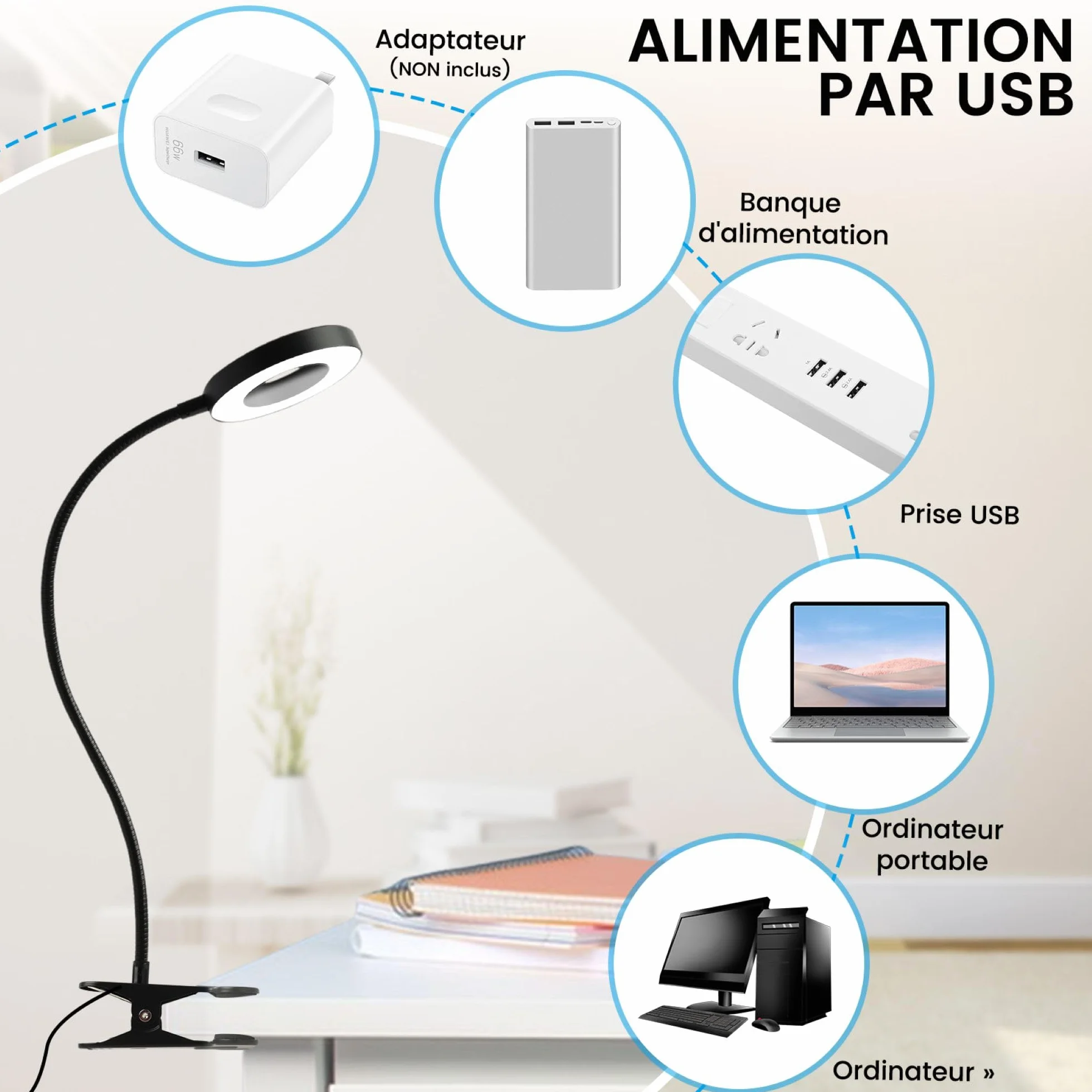 Lampa do czytania z zaciskiem LED elastyczna 360°, 3 tryby świecenia, 10 poziomów jasności, lampka nocna USB, energooszczędna lampa biurkowa LED, na stolik nocny, łóżko i biurko, 50 cm