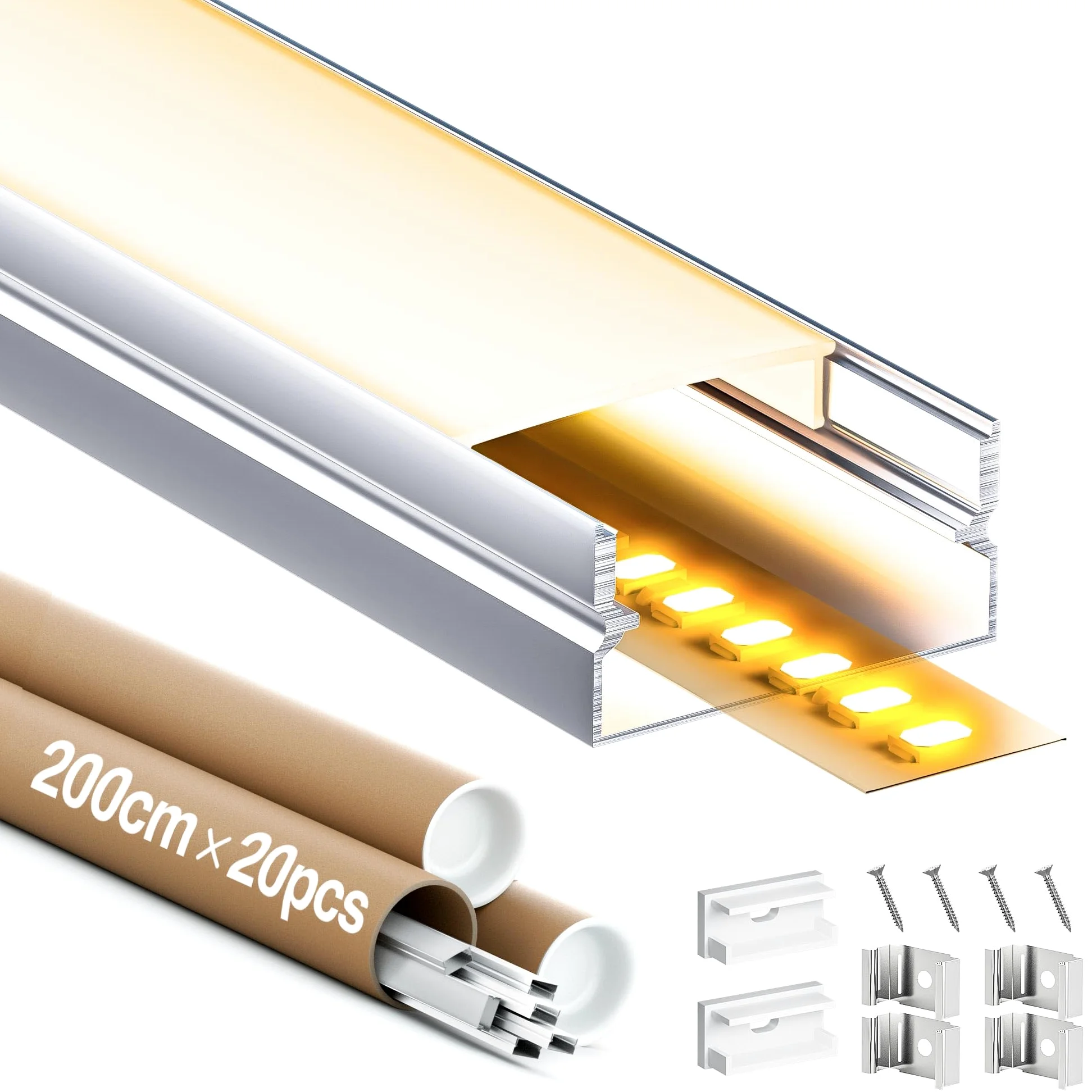 Profil LED – profil aluminiowy 2 m do taśm LED do 17 mm, szyna LED z mleczną pokrywą, kompletny zestaw z zaślepkami, klipsami i śrubami, wymiary 19,7 x 10 mm (20 x 2 m (łącznie 40 m)