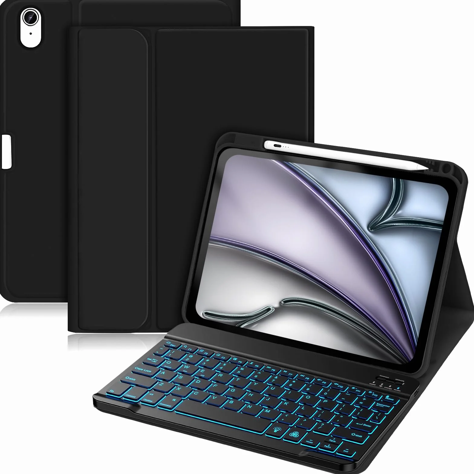 Etui z podświetlaną klawiaturą do iPad Air 11" 2026/2025/2024 M4/M3/M2 i iPad Air 5/4 10,9" (2022/2020), klawiatura magnetyczna zdejmowana, obudowa TPU, Czarny