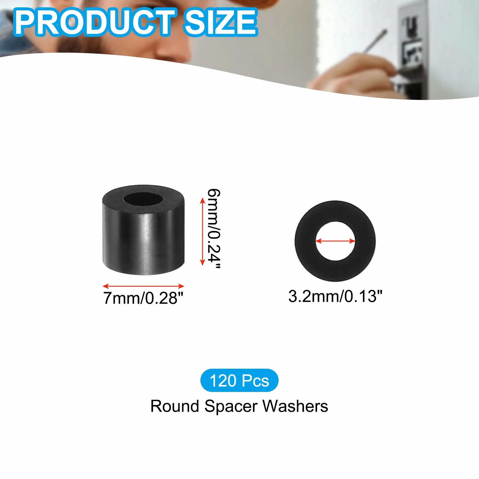 PATIKIL M3 czarny ABS ID 3,2 mm, OD 7 mm, długość 6 mm, nylonowe okrągłe podkładki dystansowe, 120 szt. plastikowe dystansowe gumowe nakrętki niegwintowane do śrub M3, gniazdka i przełączniki