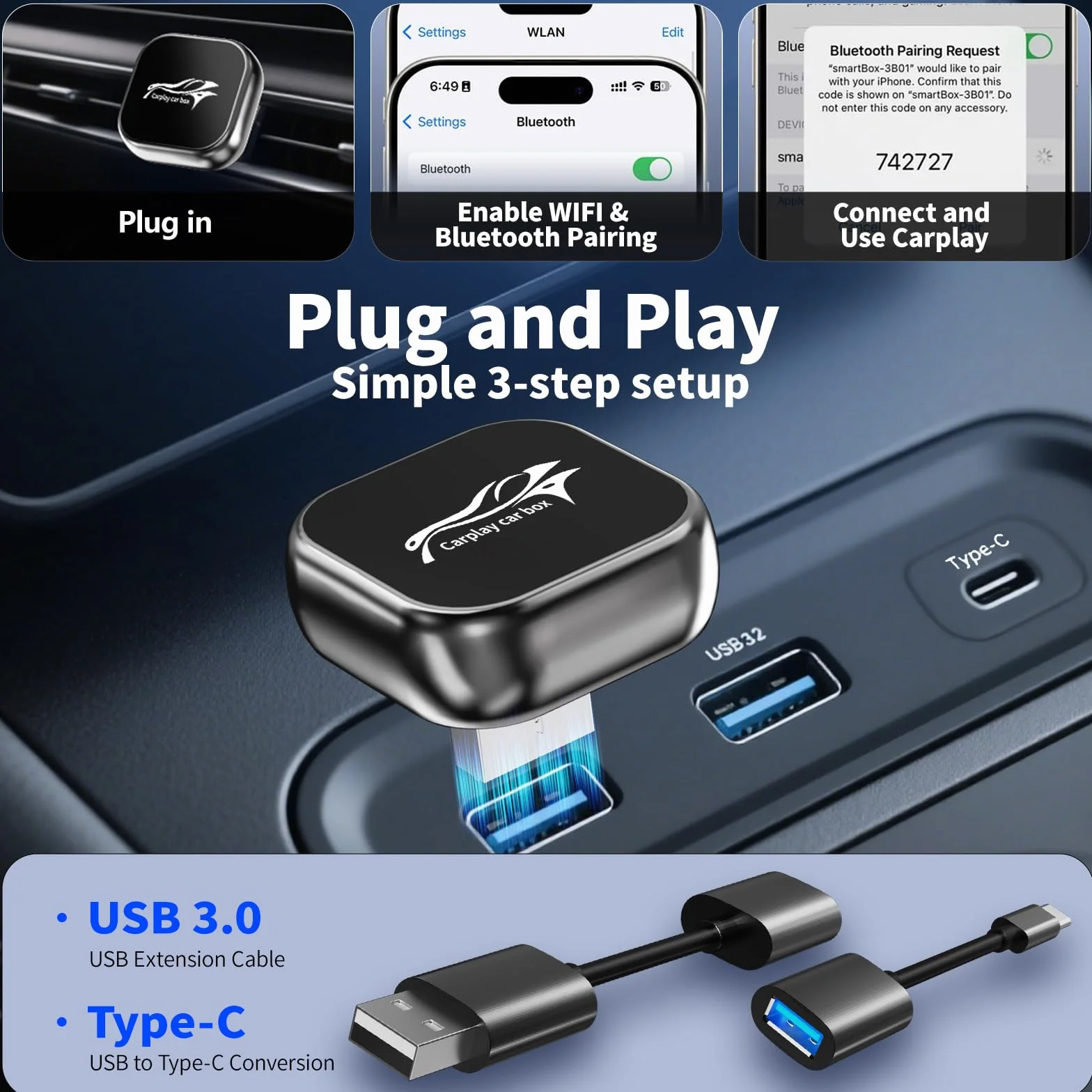 Wireless CarPlay Adapter 2-in-1 CarPlay Android Auto Mini Snug Fit Design for iPhone iOS 10+ Android 11+