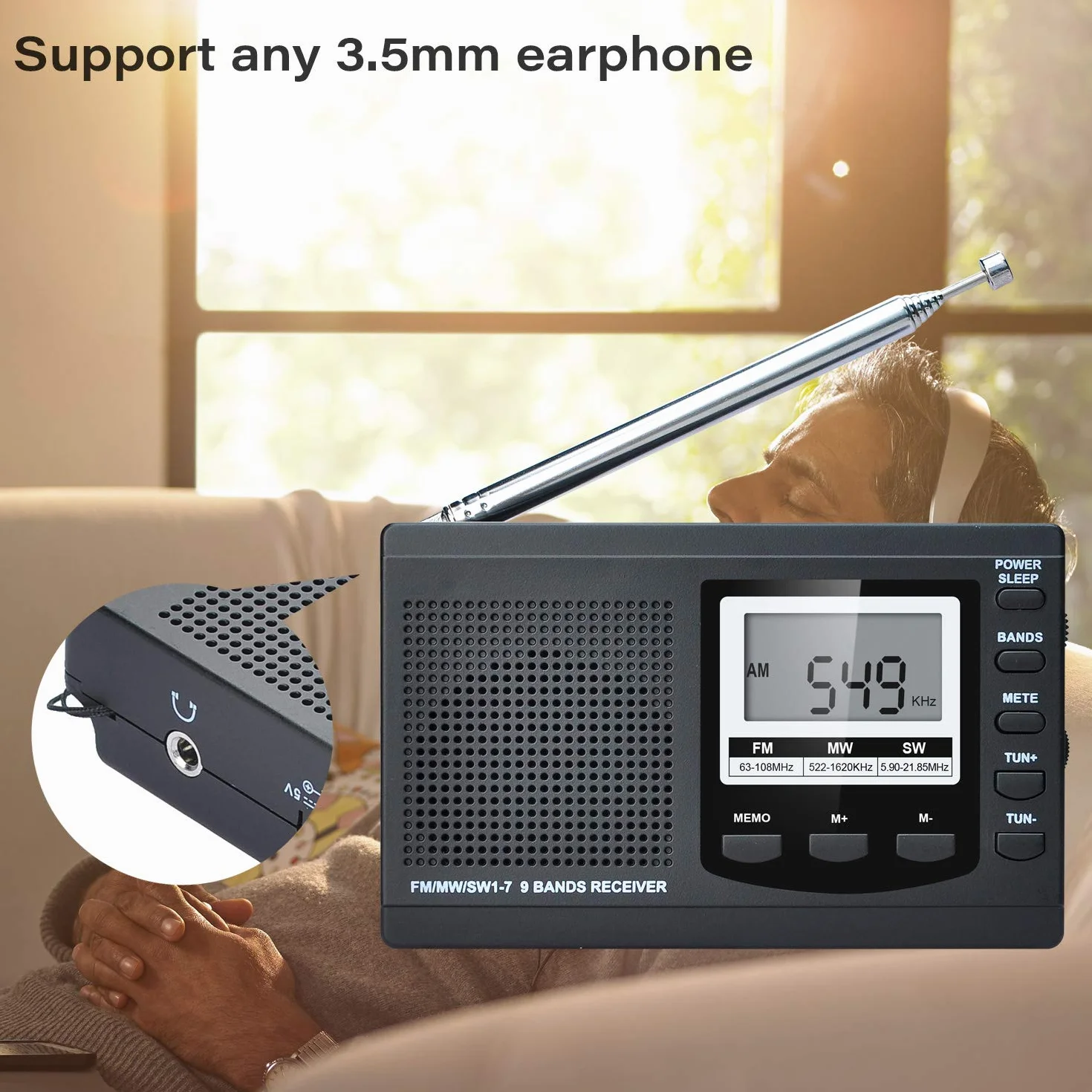Songway Full Band AM/FM/SW DSP Radio Stereo Głośnik Wyświetlacz LCD Budzik Timer Snu Kieszonkowe Radio Cyfrowa Demodulacja Najlepszy odbiór z anteną teleskopową (czarny)