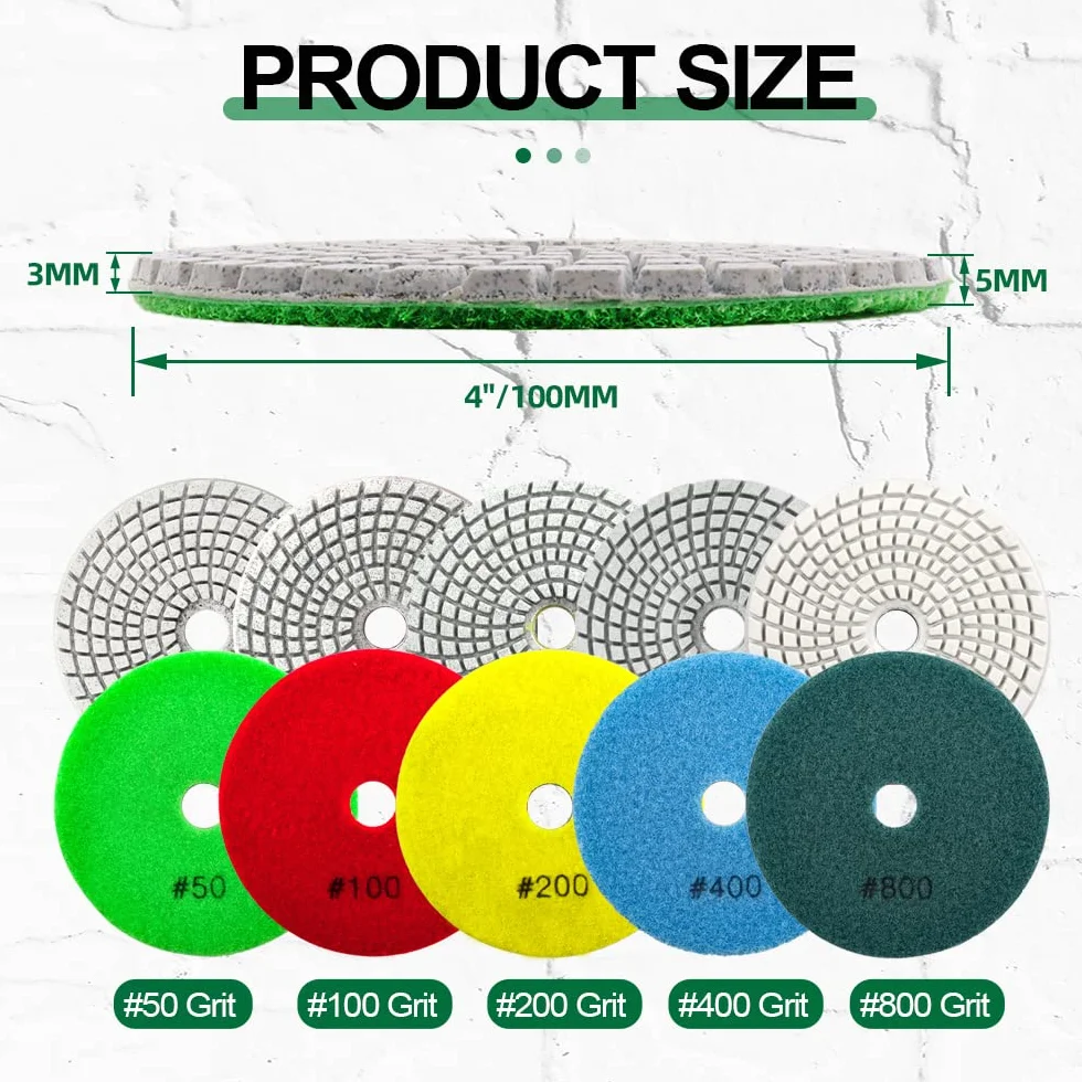Diamond Polishing Pads Set - 10 szt. 100 mm Wet Countertop Polishing Pads + 1 szt. Plastic Body+ 1 szt. Adapter M14 Thread to Round Shank do granitu, kwarcu, marmuru