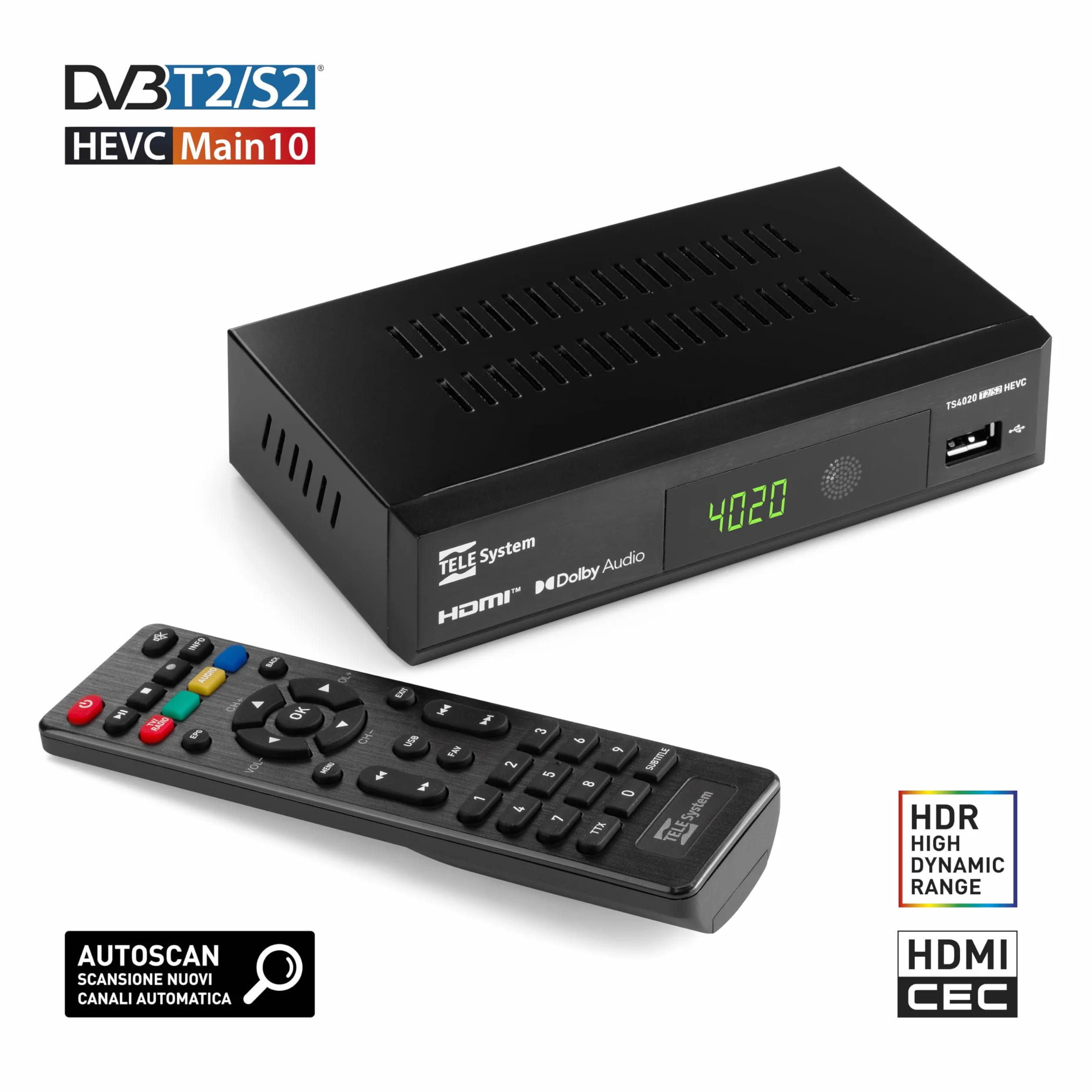 TELE System TS4020 Dekoder z podwójnym tunerem DVB-T/T2 i DVB-S/S2 HEVC HD HDR10 HLG. Dostęp do niekodowanej telewizji naziemnej i satelitarnej oraz radia.