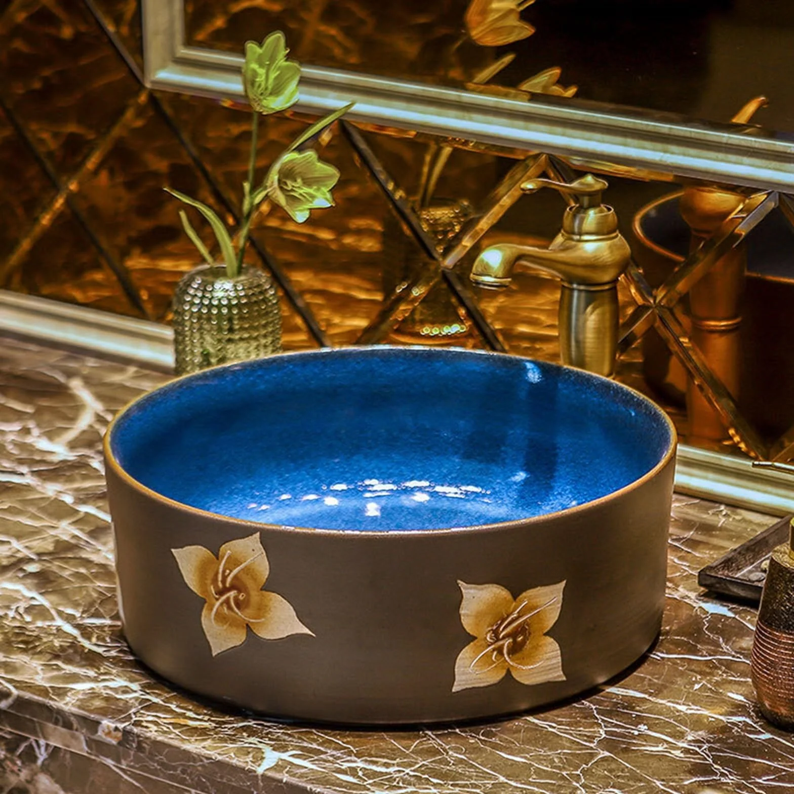 Umywalka łazienkowa Umywalka nablatowa Vintage Skandynawska Umywalka łazienkowa Okrągła ceramiczna ceramiczna umywalka chińska Antyczna umywalka stojąca