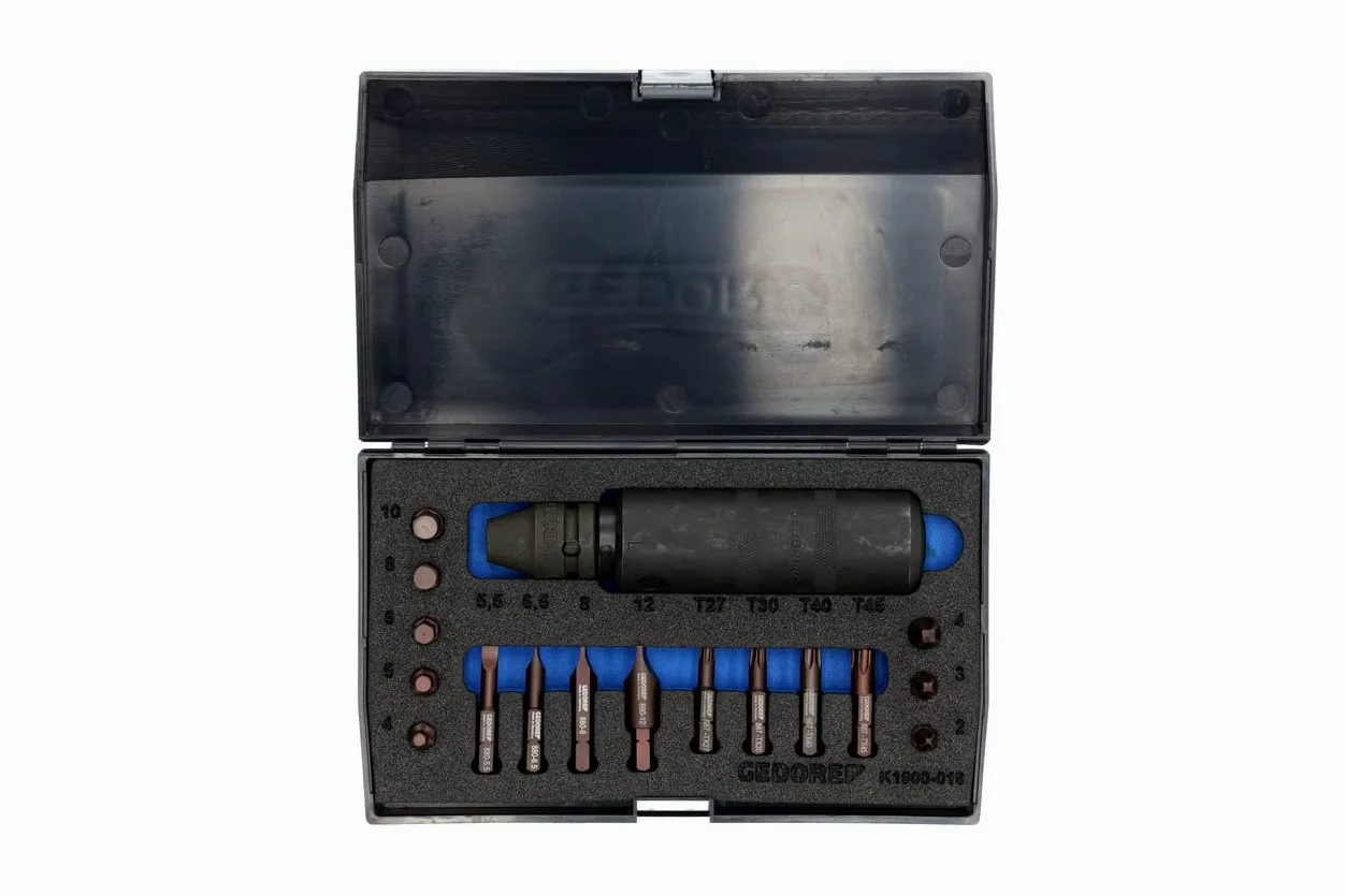 GEDORE K 1900-018 zestaw do usuwania śrub, 18-częściowy, 1/2", prawy i lewy, zestaw wkrętaków udarowych z bitami, uruchamianie młotkiem, K 1900-018