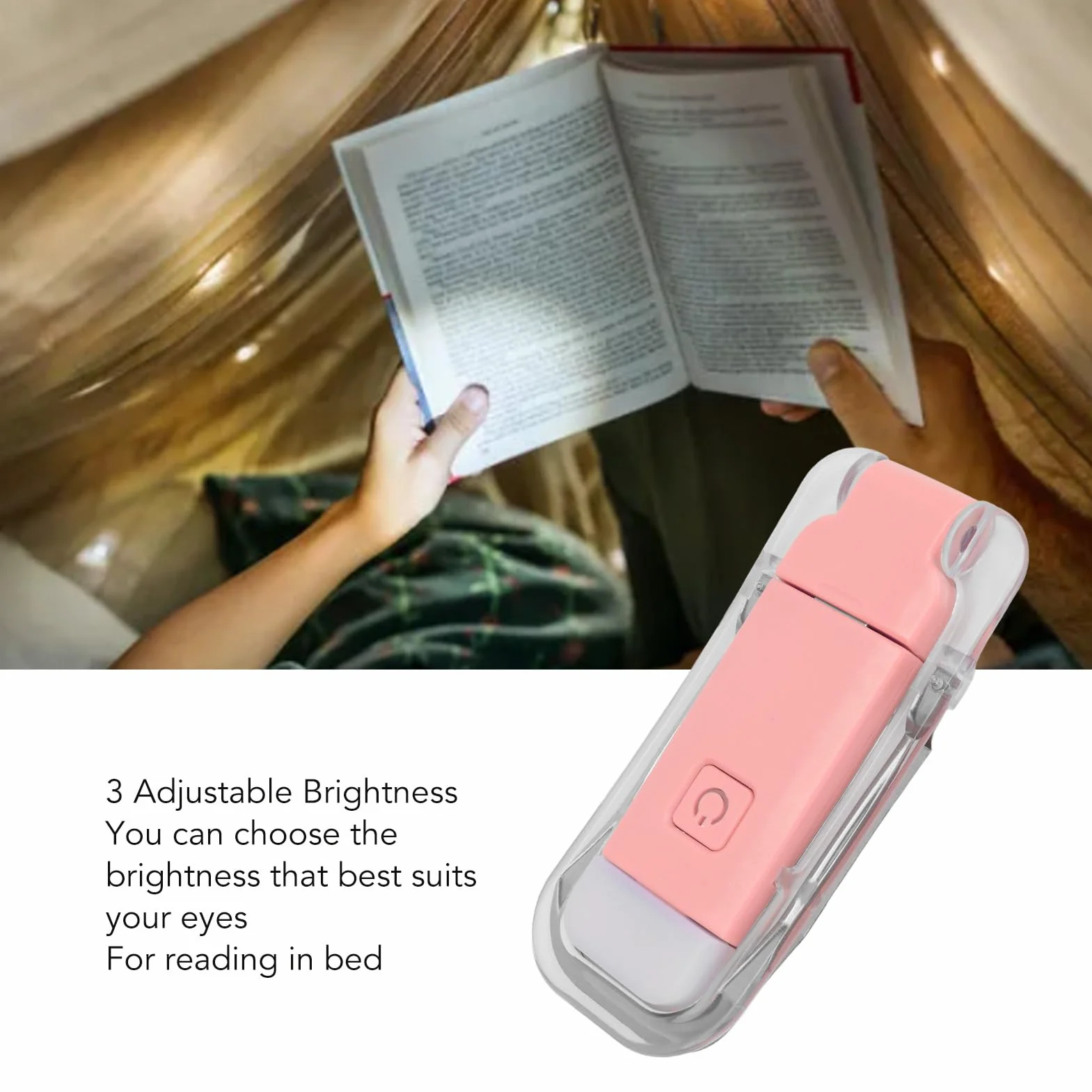 Lampka do czytania na łóżko LED zakładka lampka USB ładowalna 3 jasność ciepła biel przenośna klips lampa do czytania w nocy różowa