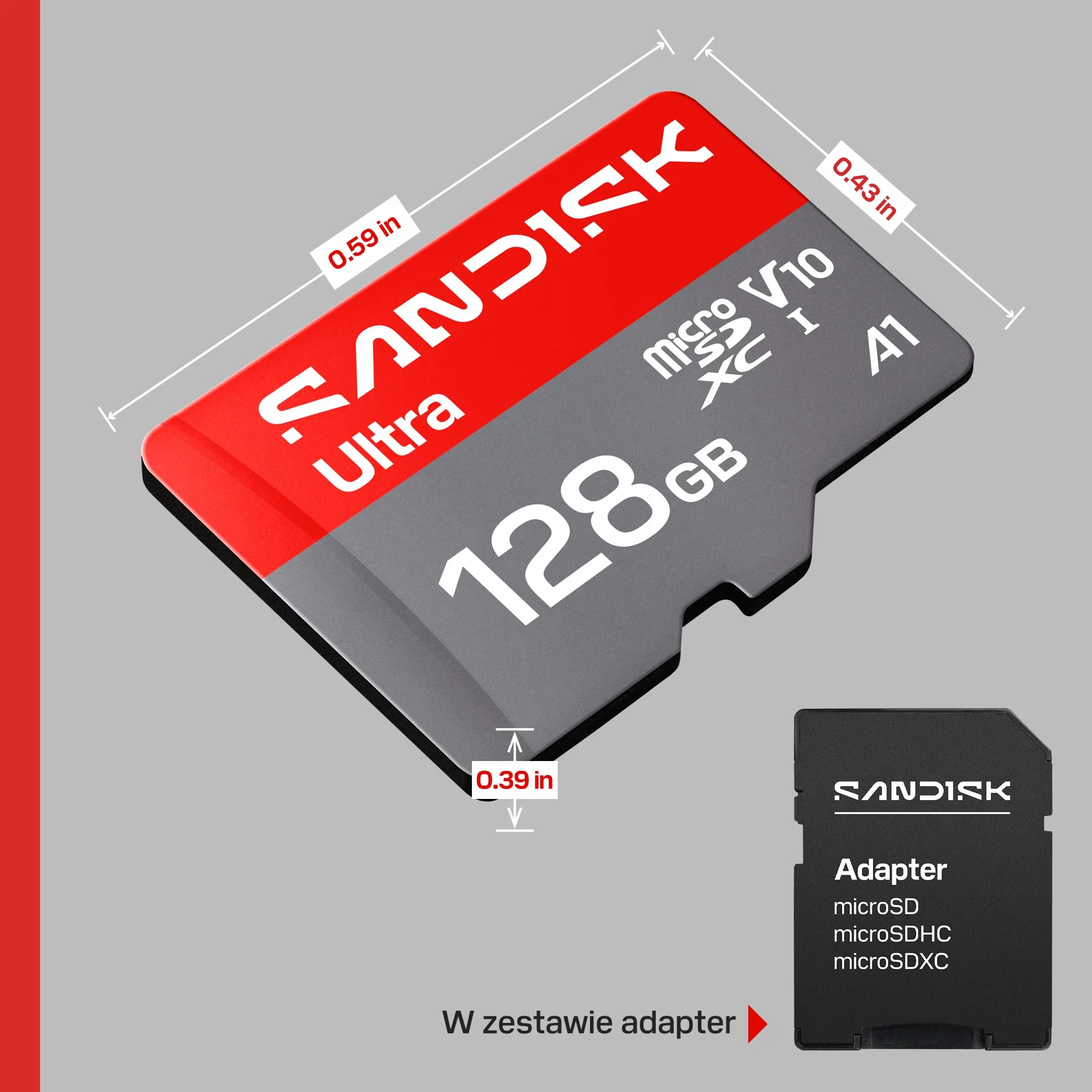 SANDISK Ultra Karta microSDXC UHS-I + SD Adapter, 128 GB (prędkość odczytu do 195 MB/s, filmy Full HD, V10, U1, C10, A1) Do smartfonów i tabletów z systemem Android oraz kamer i laptopów