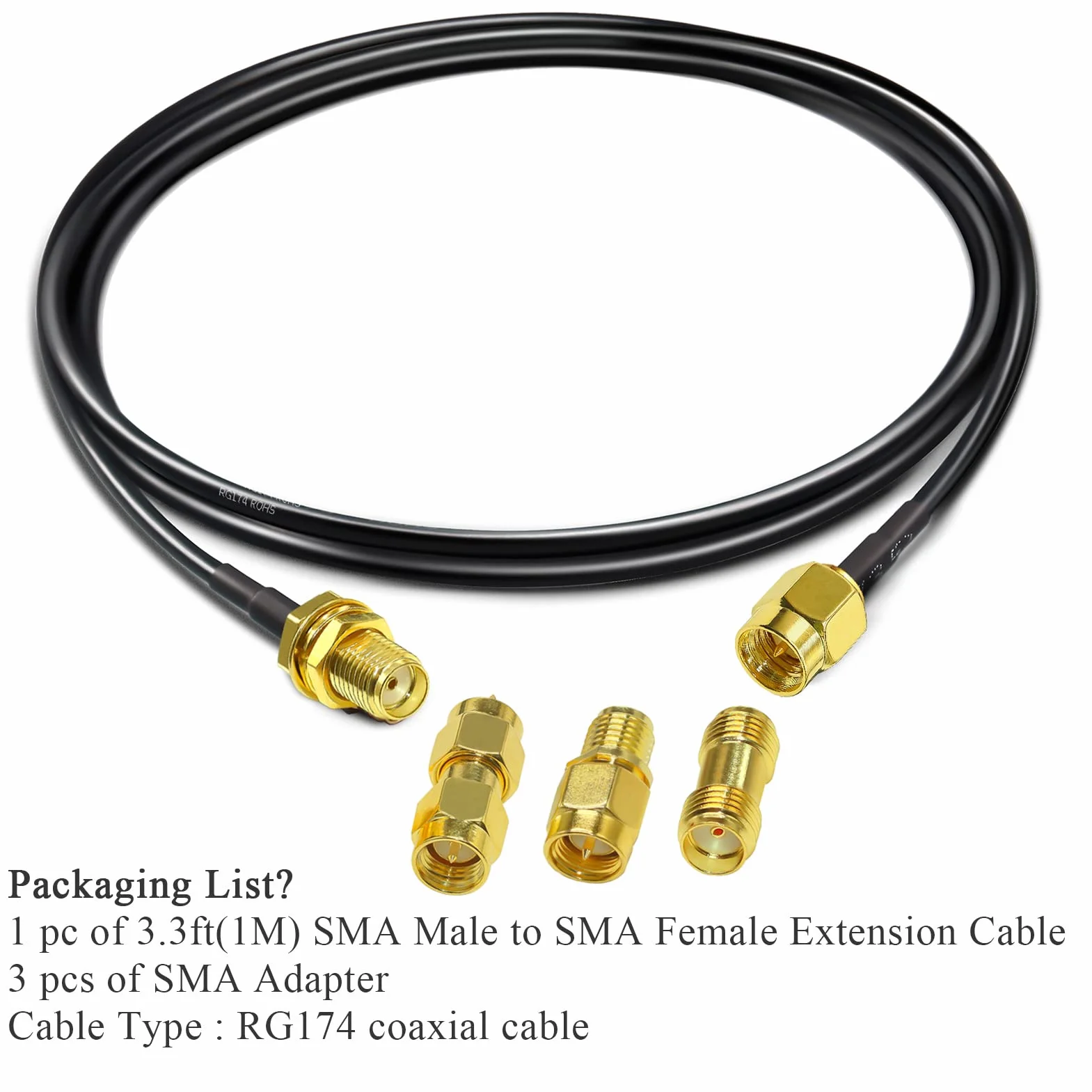 TUOLNK RG174 SMA kabel koncentryczny SMA męski na SMA żeński kabel koncentryczny RF 3,3 stopy (1 m) 3 szt. Adapter SMA Radio Ham, antena 3G 4G LTE, sprzęt SDR, ADS-B, GPS