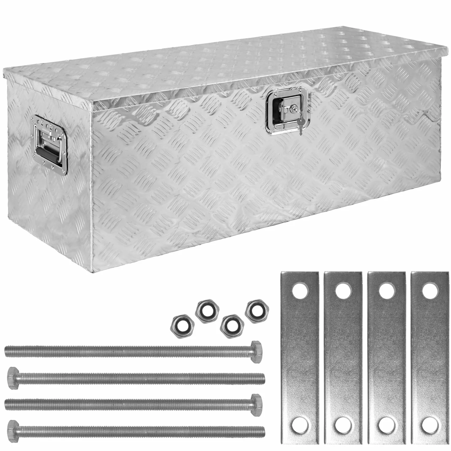 Trucky Skrzynka na samochód z aluminium, model D160, 109 x 40 x 38 cm, zamykana, wytrzymała blacha ryflowana, łącznie z zestawem montażowym, do warsztatu, samochodu, hobby
