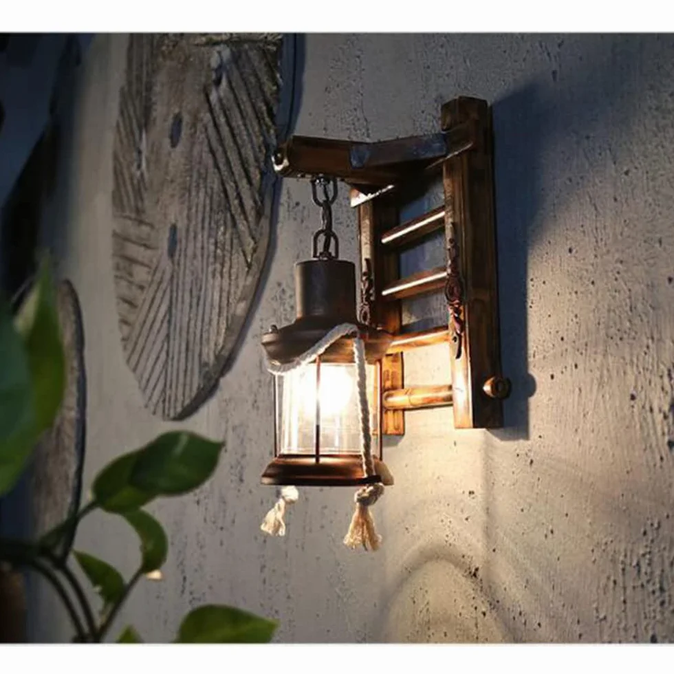 Retro Drewniana Lampa ścienna Kinkiet Schodowy Kreatywna Bambusowa Lampa Wisząca Vintage Konopna Lina Rustykalny Kinkiet Szklany klosz Kinkiety Do Sypialni Restauracja Hotel Korytarz Jadalnia