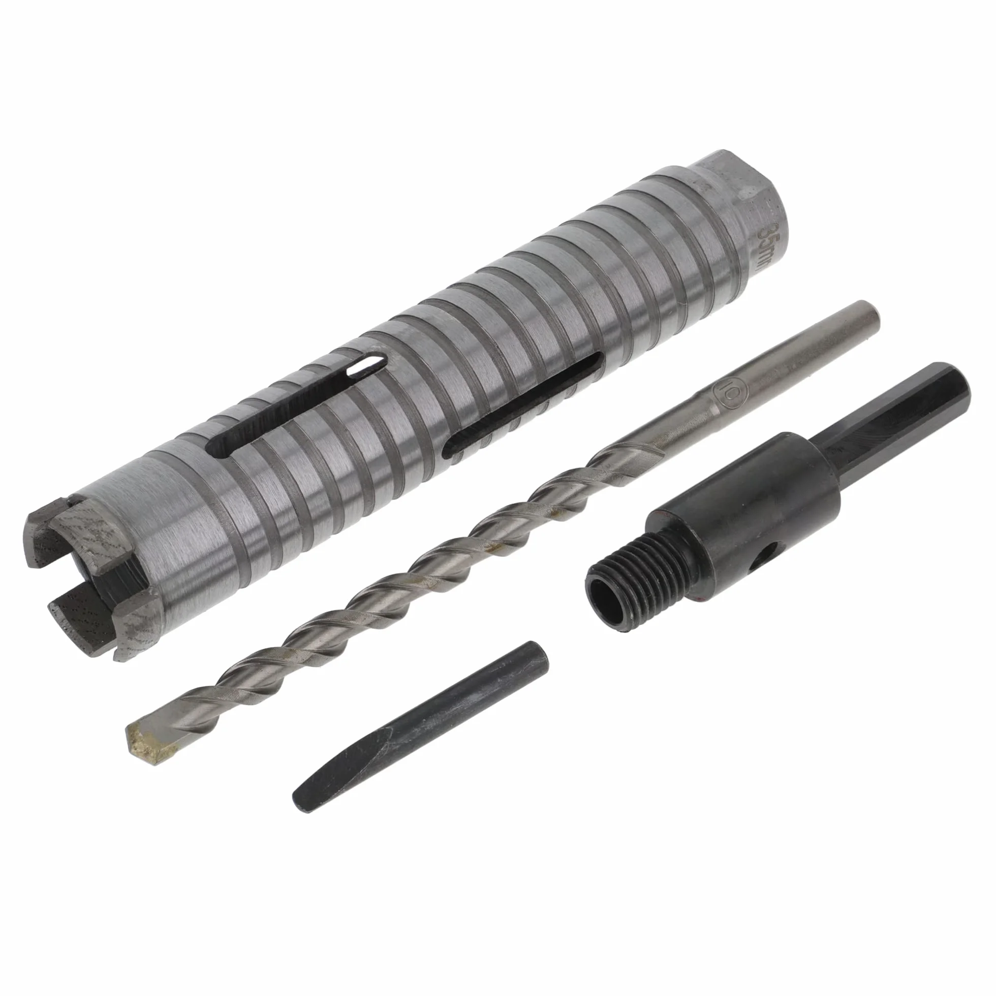 PRODIAMANT Diamentowa wiertnica rdzeniowa ø 35 mm długość efektywna 150 mm z adapterem sześciokątnym do wiertarek, segmenty spawane laserowo do wiercenia na sucho