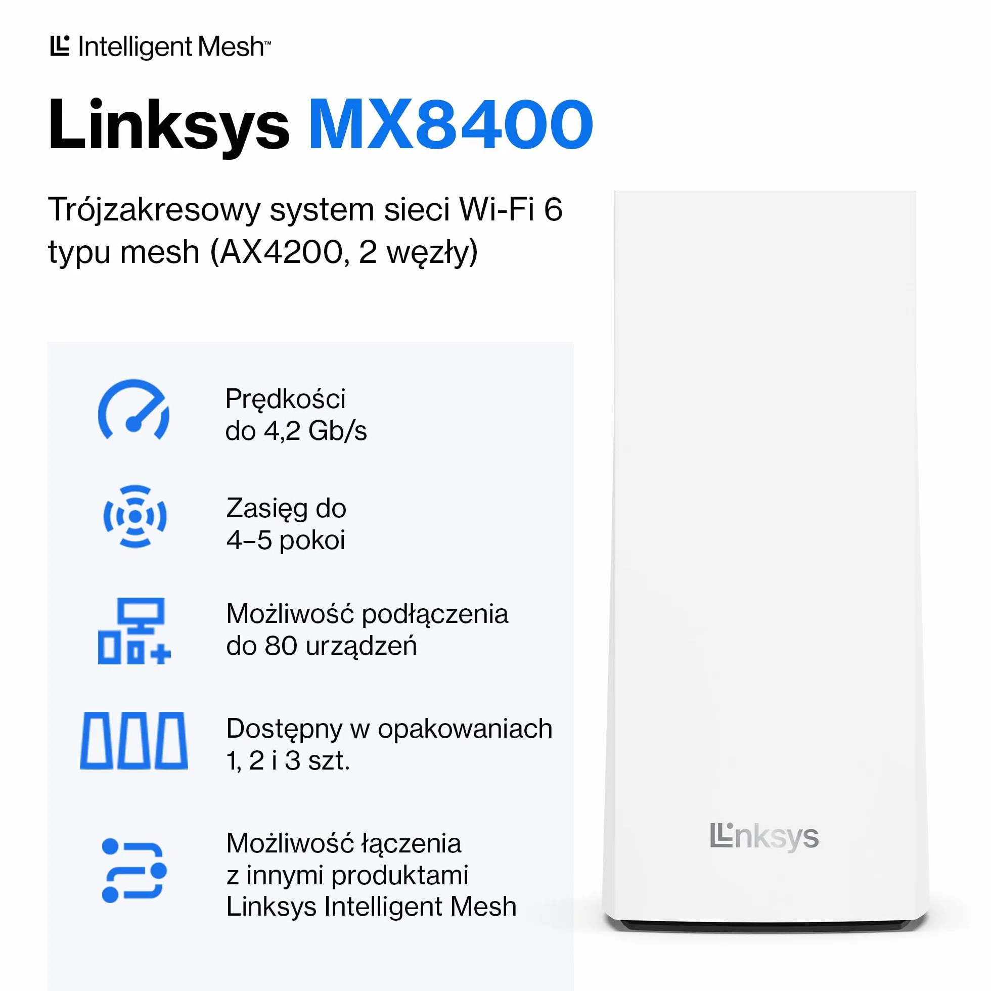 Linksys Velop MX8400 Wi-Fi 6 Mesh System AX4200 router do 525 m2 biały 2 szt.