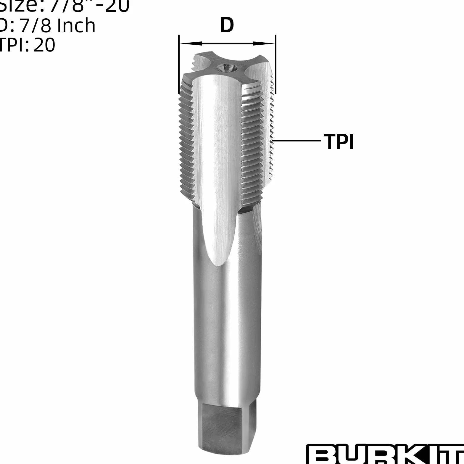 Burkit 7/8"-20 UNEF gwintownik praworęczny, HSS 7/8 x 20 UNEF prosty karbowany kran maszynowy