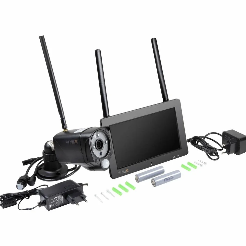Technaxx Niemiecki zestaw kamer do monitoringu bezpieczeństwa, bezprzewodowy, ekran dotykowy FullHD, 7-calowy monitor PIR dzień i noc, funkcja alarmu, powiadomienia push, obsługa wbudowany mikrofon TX-128