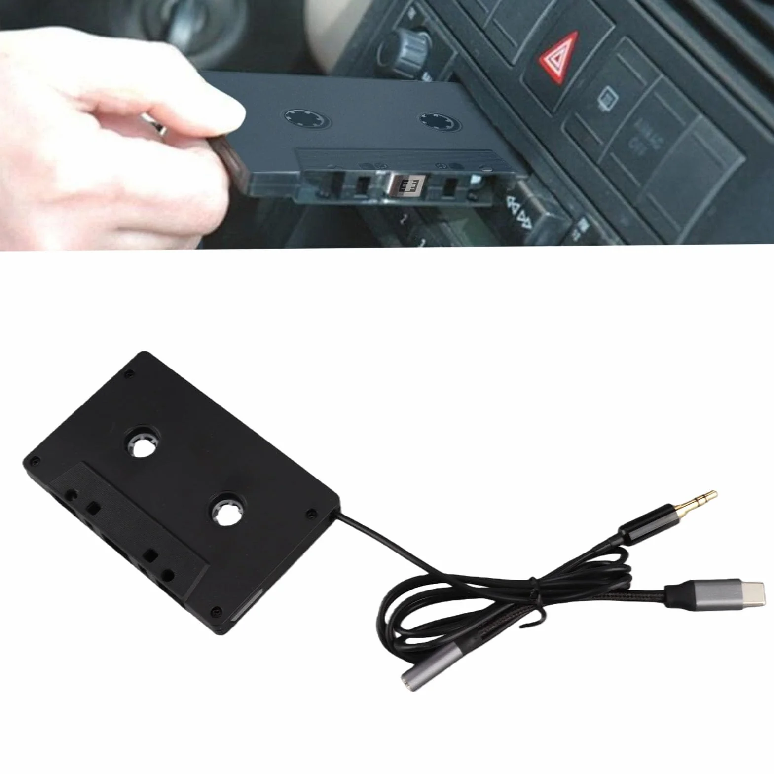 CCYLEZ Adapter do Kasety Samochodowej, Adapter Typu C do Taśmy Aux Samochodowego Zestawu Stereo, Kasety 3,5 Mm USB C Kabel w Nylonowym Oplocie, Pozłacane Złącze