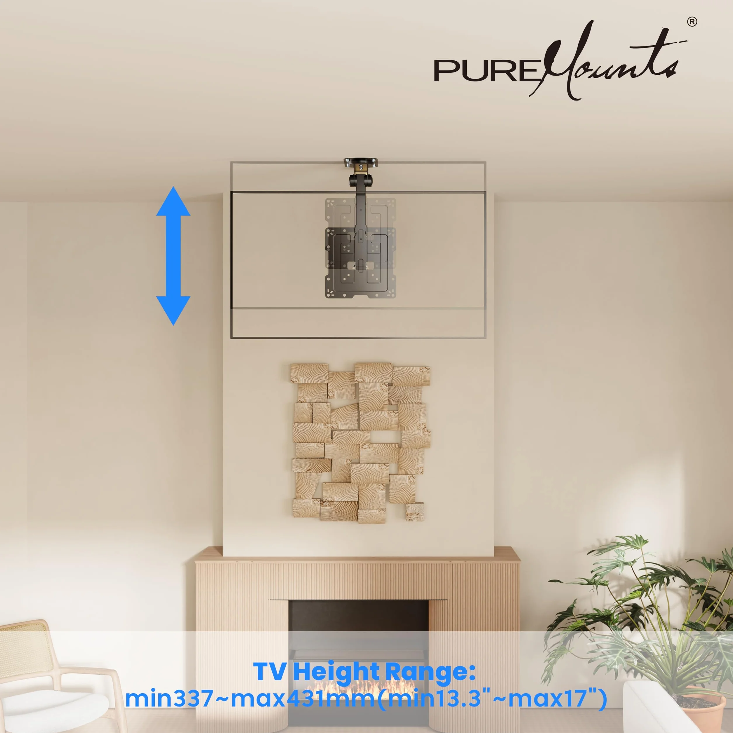 PureMounts Uchwyt sufitowy do telewizora o przekątnej ekranu 19-43", składany, z regulacją wysokości, wychylny, pochylony, do VESA 200 x 200, czarny