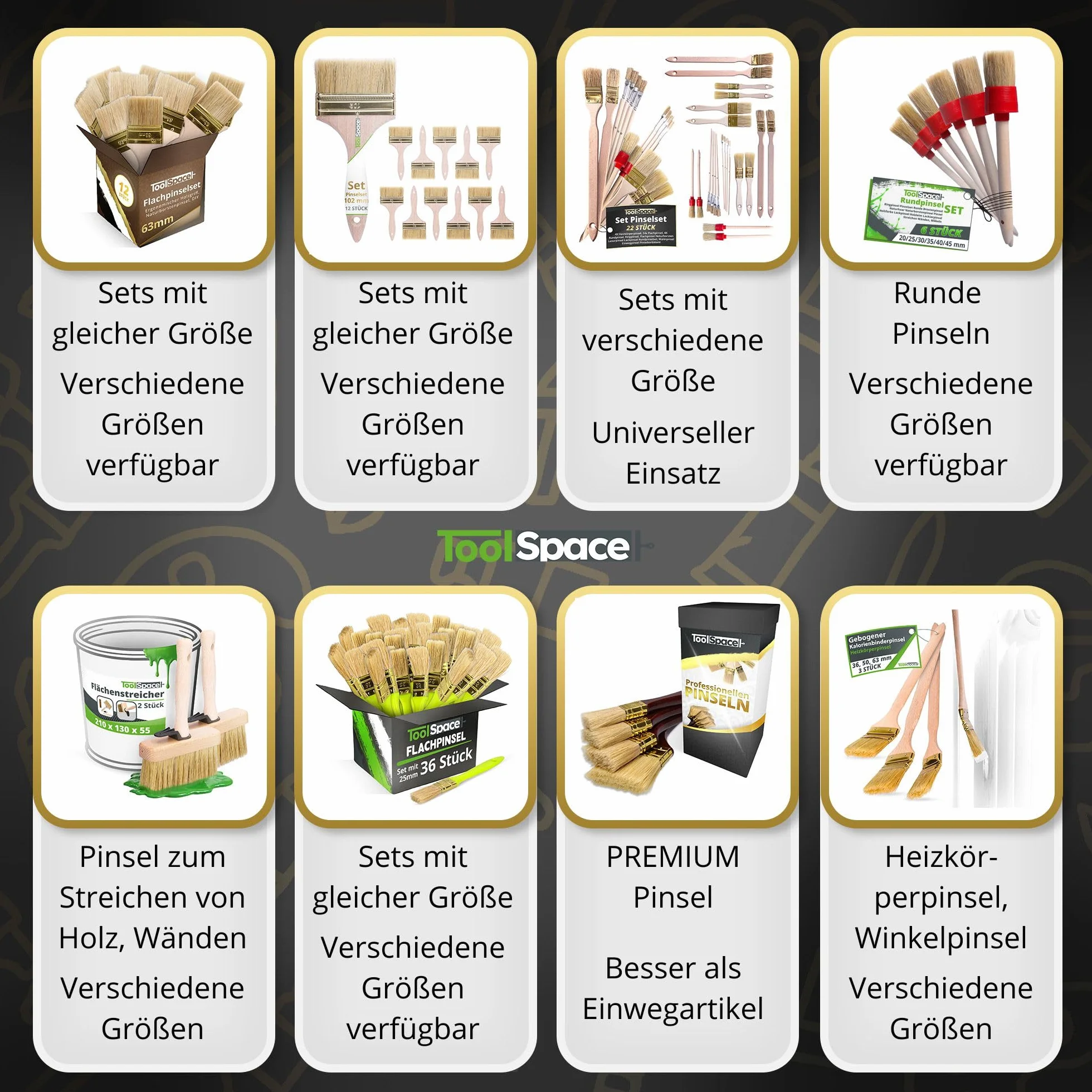 ToolSpace Zestaw 5 pędzli okrągłych - 30/35/40/45/50 mm - naturalne włosie - drewniana rączka - pędzle do malowania ścian i mebli - farby akrylowe, oleiste, DIY - majsterkowanie w domu