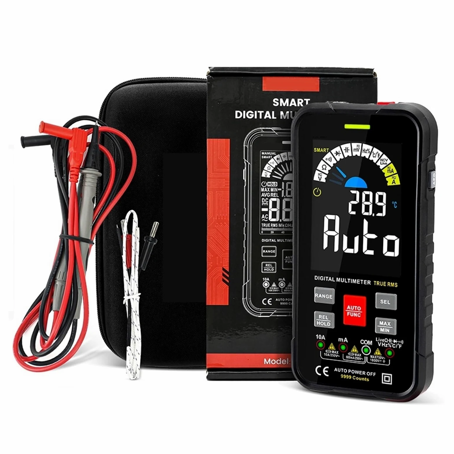 Inteligentny Multimetr 9999 Liczy TRUE Cyfrowy Smart Auto Zakres 1000V 10A Miernik Testowy Ohm Pojemność REL True AC DC DMM Szybko Dokładnie Łatwy Odczyt(Black)