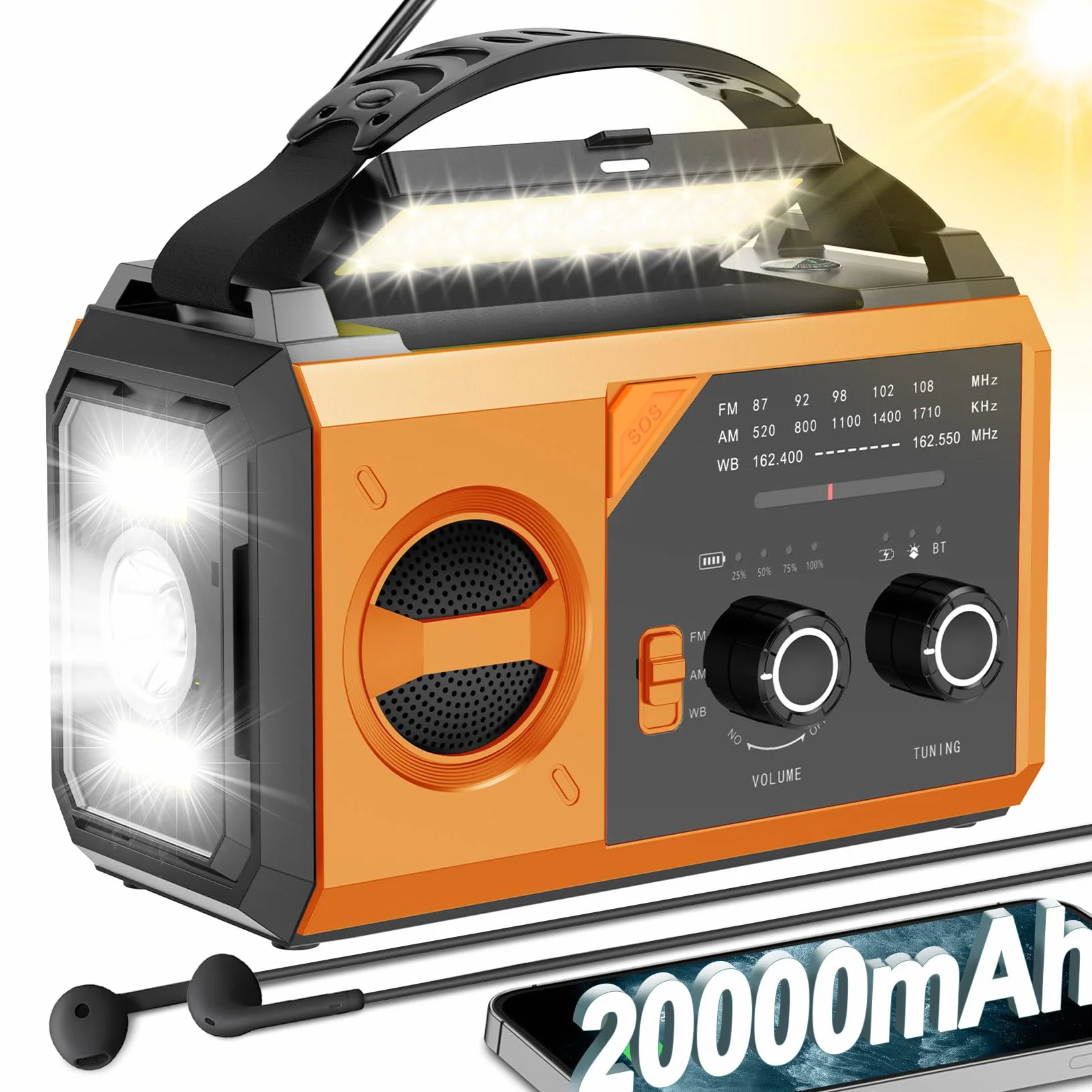 Awaryjne radio pogodowe 20000 mAh AM/FM/NOAA solarne z korbą ręczną i ładowaniem USB
