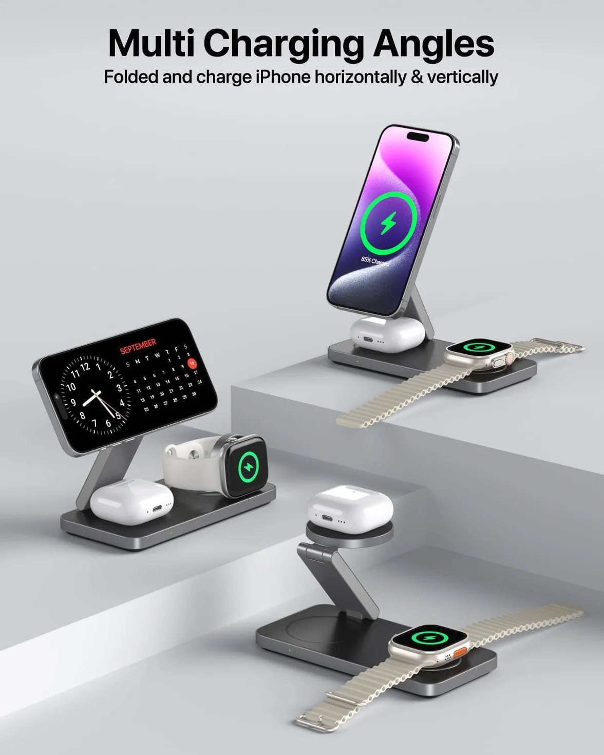 Bezprzewodowa ładowarka 3 w 1 Apple składana indukcyjna do iPhone 17 16 15 14 13 12, Apple Watch 9/8/7/6/SE/5/4/3, AirPods Pro