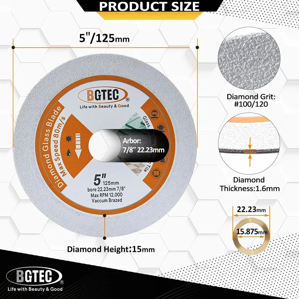 BGTEC tarcza do cięcia szkła, 5 cali, 125 mm, diamentowe ostrze do szkła, jadeitu, kryształu, butelki wina, płytek ceramicznych, marmuru, sztucznego kamienia, 5 szt