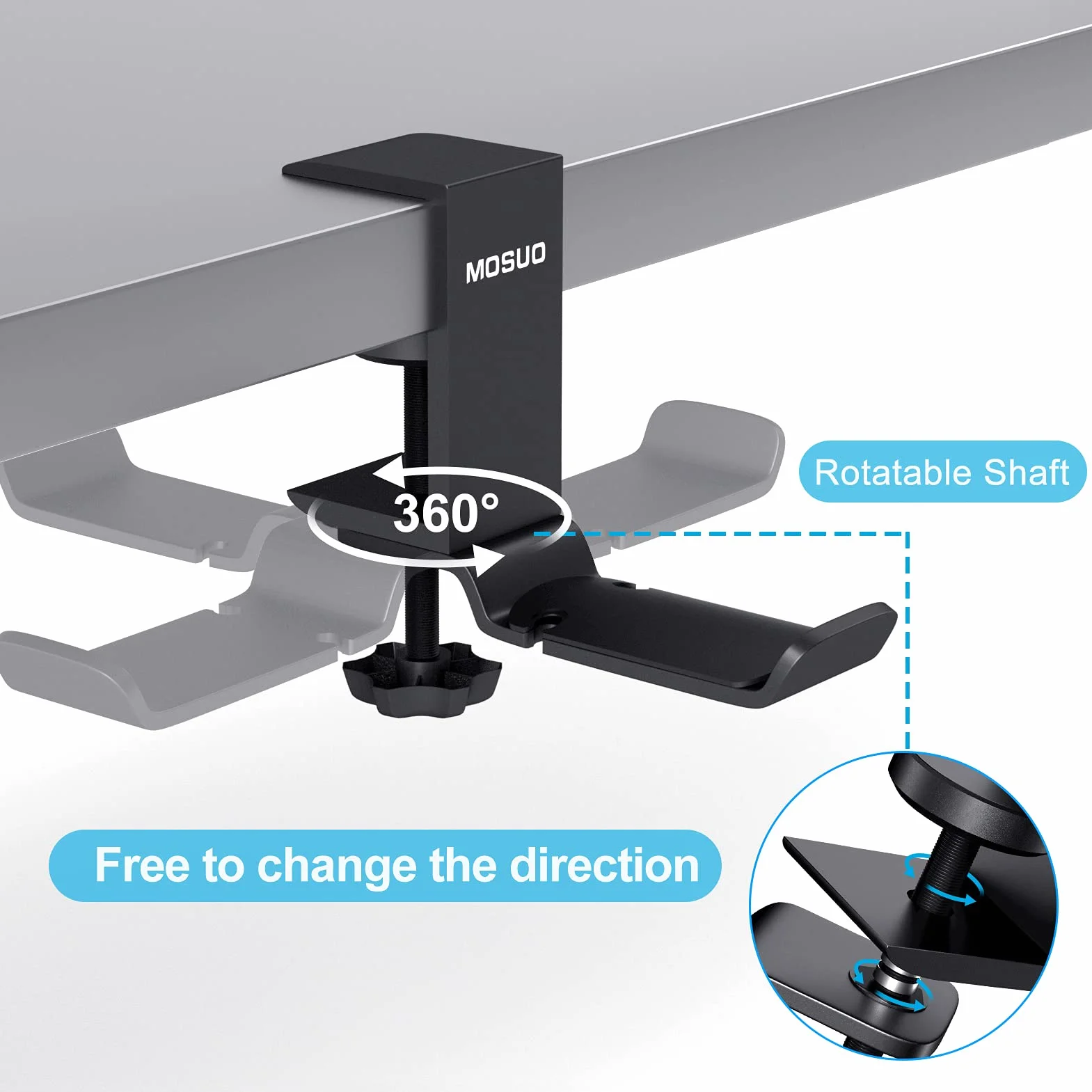 MOSUO Regulowany uchwyt na słuchawki, uchwyt na biurko, zestaw słuchawkowy obracany o 360 stopni, aluminiowy uchwyt na słuchawki, stojak na słuchawki Bluetooth, stojak na słuchawki gamingowe, czarny
