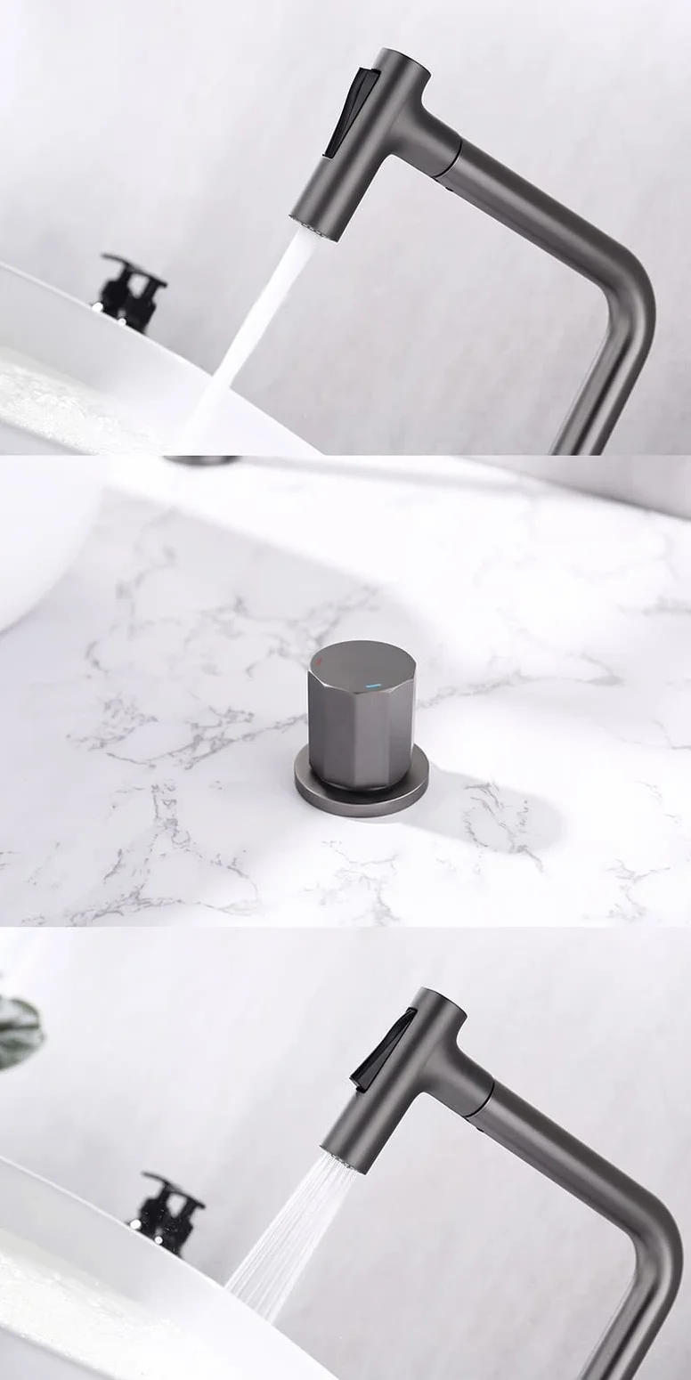 Bateria kuchenna High Grey z obrotową, wyciąganą wylewką 360°, chromowana, dwufunkcyjna, mieszacz ciepłej i zimnej wody, nowoczesna konstrukcja z jedną dźwignią do kuchni i łazienek
