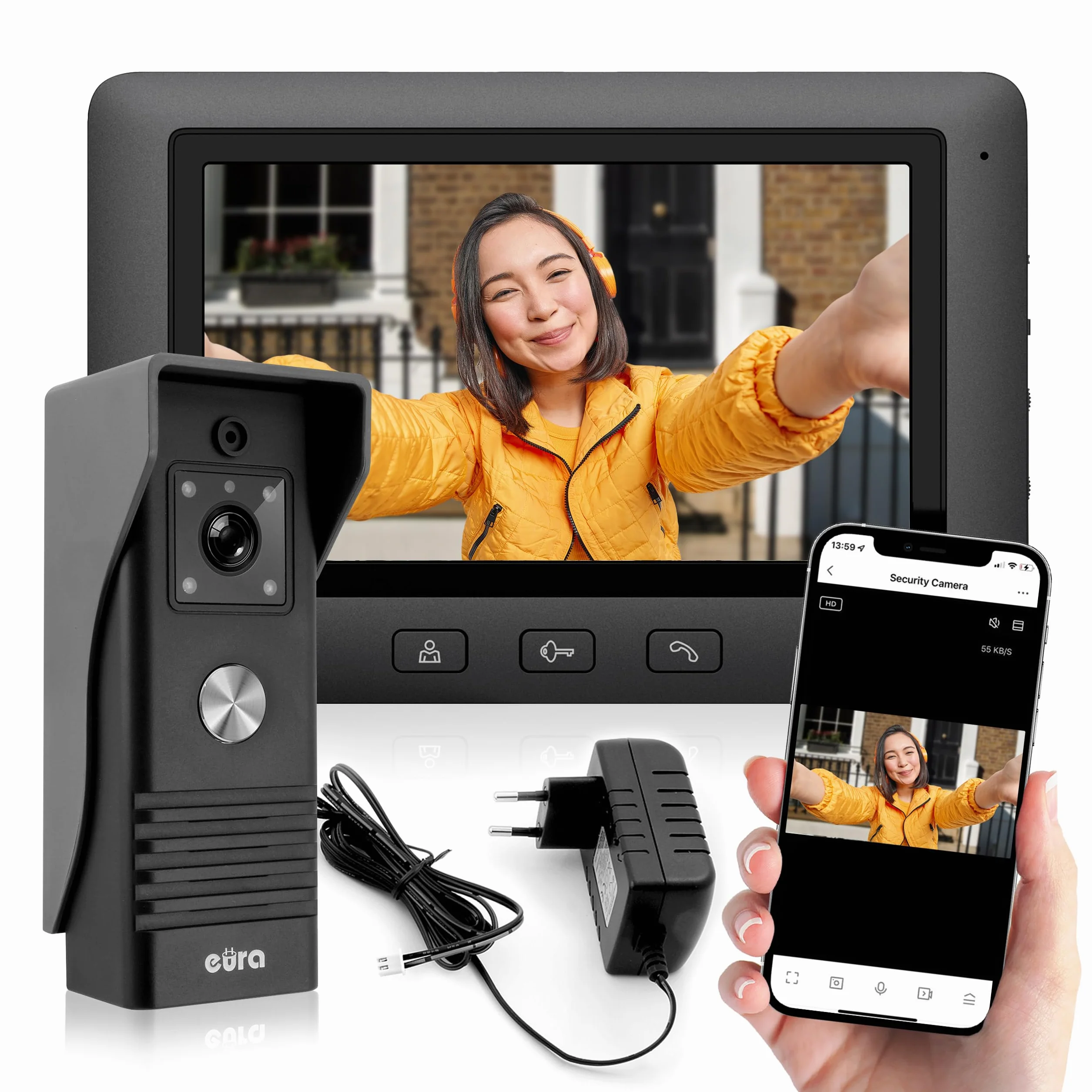 EURA VDP-45A3-TY Alpha+ TUYA WiFi wideodomofon, 4-przewodowy, kolorowy monitor 7", czarny